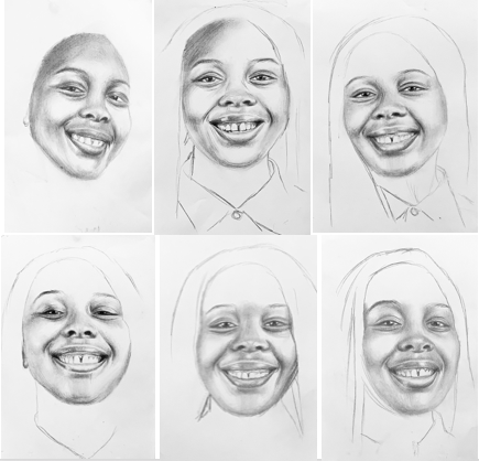 Picture That (1/2), 6 Pencil Drawings on A4 Paper. For experimentation, I decided to sketch out different reference photos I took from the photography session. Purposely, I drew the details of the face and prevented filling in the hair and neck due to the face being the focal point of my practice. This lead to a realisation of purposely blank spaces symbolising an incomplete true self shown to an audience. Picture that was not only testing which different facial features seem the fakest, but evolved into a piece that influenced me to create a bigger portrait painting which forms an incomplete image. The capturing of photographic languages of facial features in the drawings connects the audience with this form of representation in an interesting way.