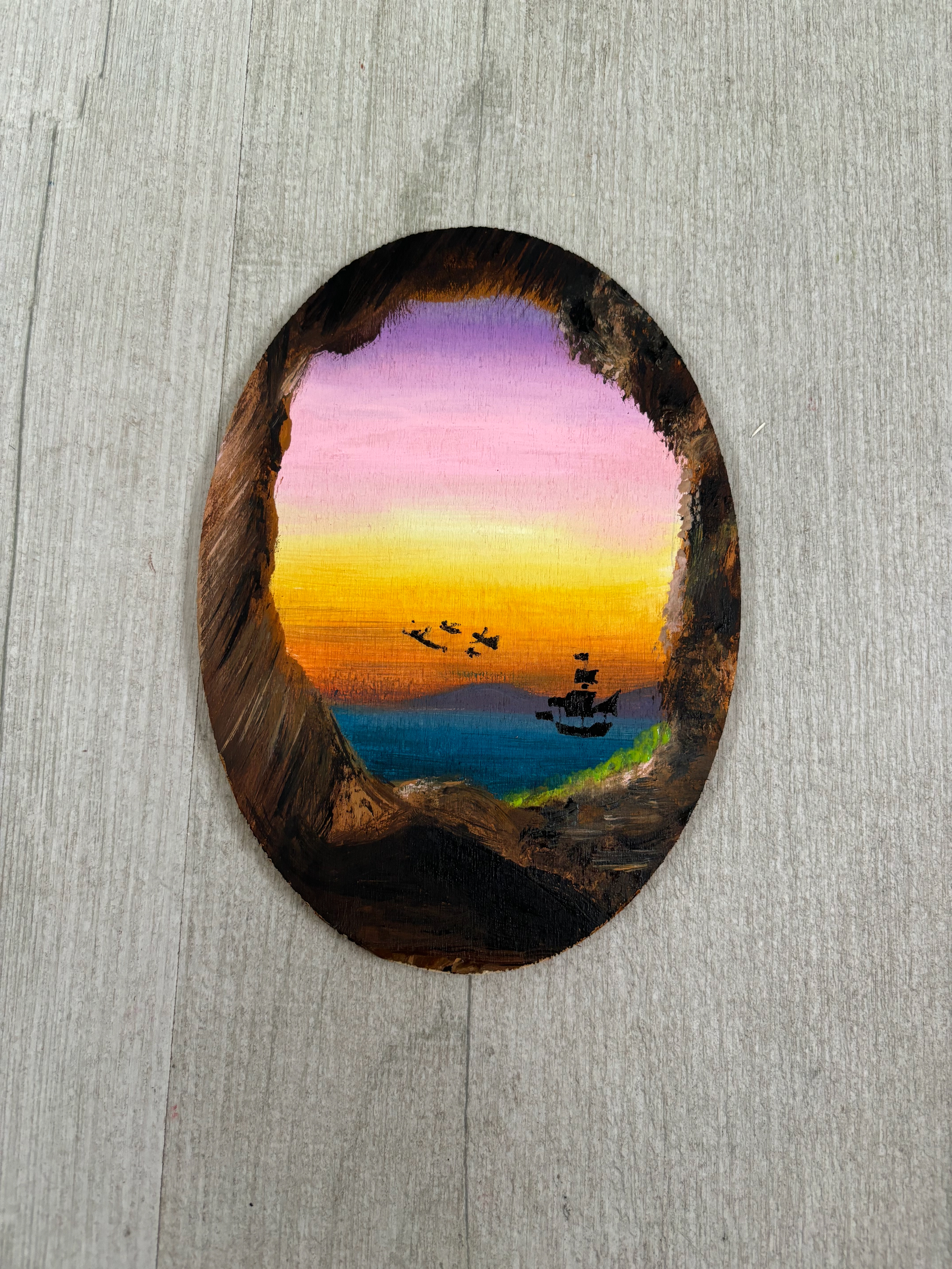 Out at sea, A5, Wooden Surface, Acrylic