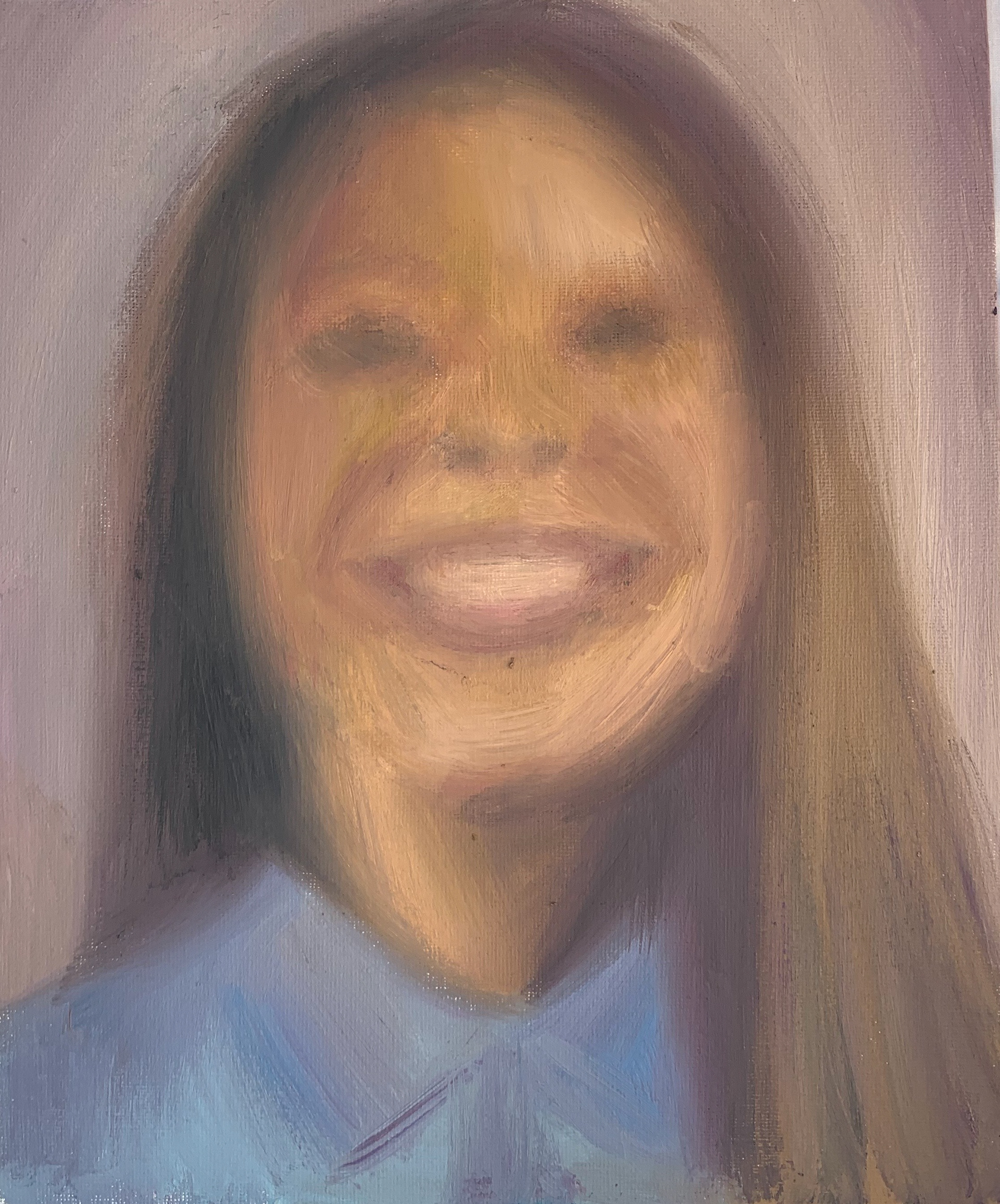 Focus on me, Oil, 25.5 cm x 30.5 cm, Canvas board In this current digital age, many social media users would sometime alter their images with ‘photo filters’ to seem more appealing and would want more engagement with friends. The thought of painting that specific editing mask seemed to be a challenge I was willing to take, interested to see what the outcome would look like. Firstly, editing the images digitally through blurring surfaces and saturating colours was a very experimental process, trying to find out which effect looked interesting. Also using an edited image as a reference photo to paint seemed testing due to myself being used to applying detailed features to the face, instead blurring them and blending each colour together to create a distorted effect to the eye.