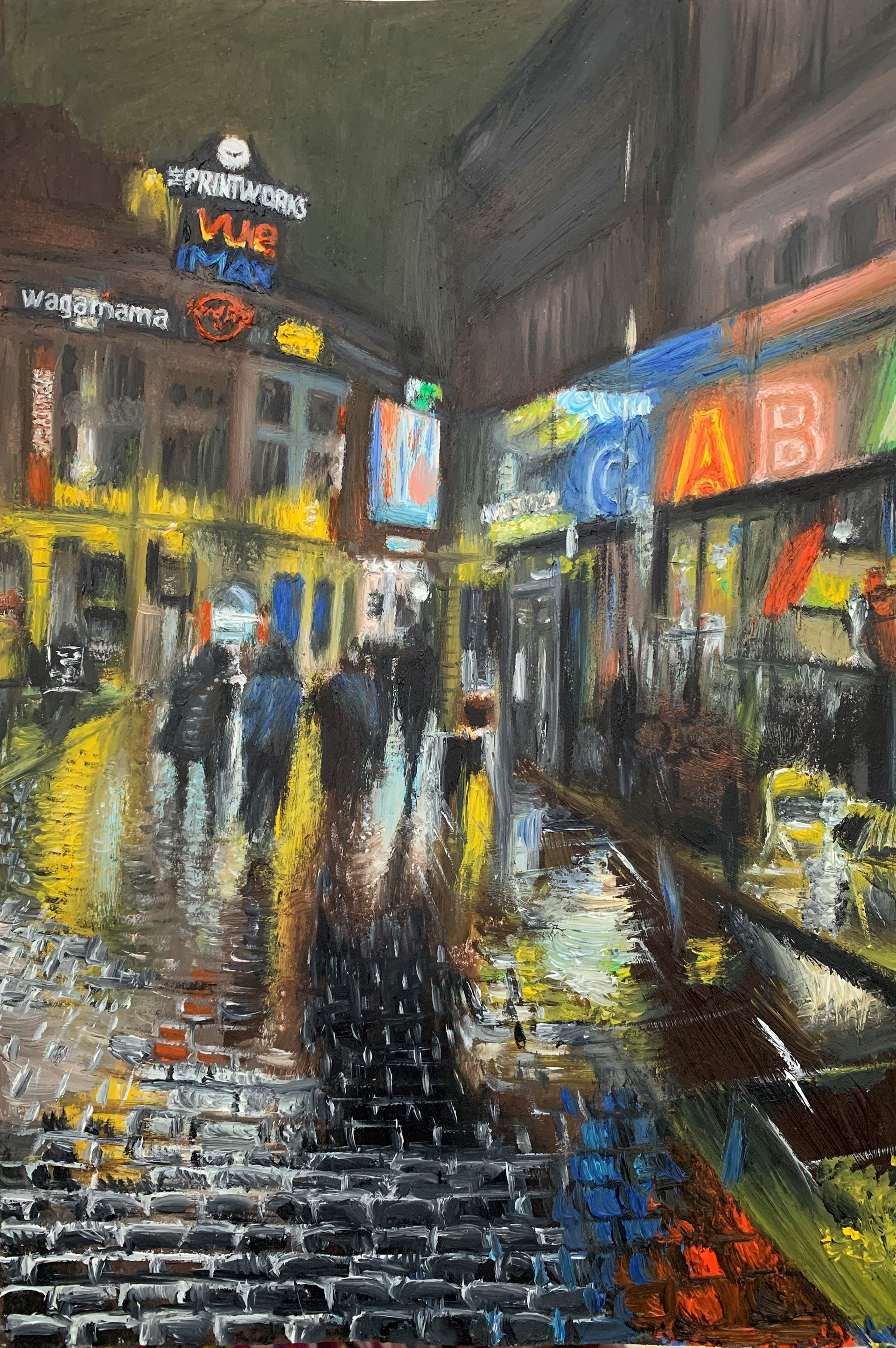 City Nights A landscape of a lit up area of Manchester at night with the rain on the cobbles reflecting the colours, A4, Oil, Paper