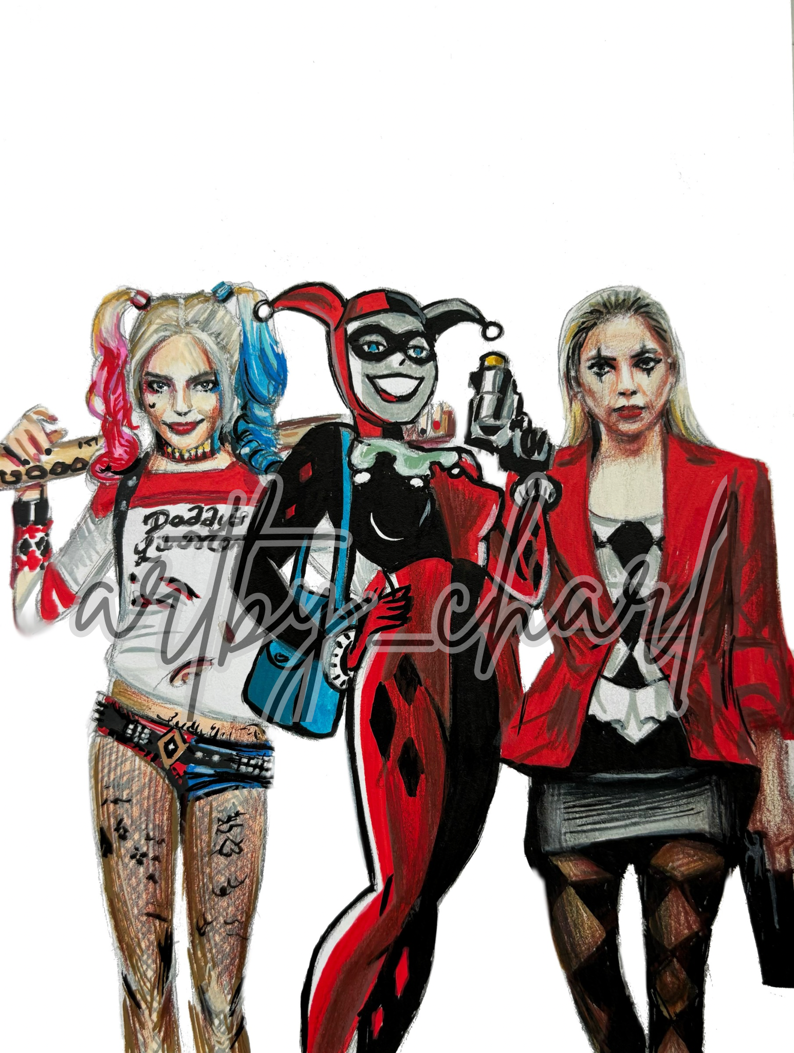 Harley Quinns, A5 Sketchbook Paper, Acrylic Pen and Pencil