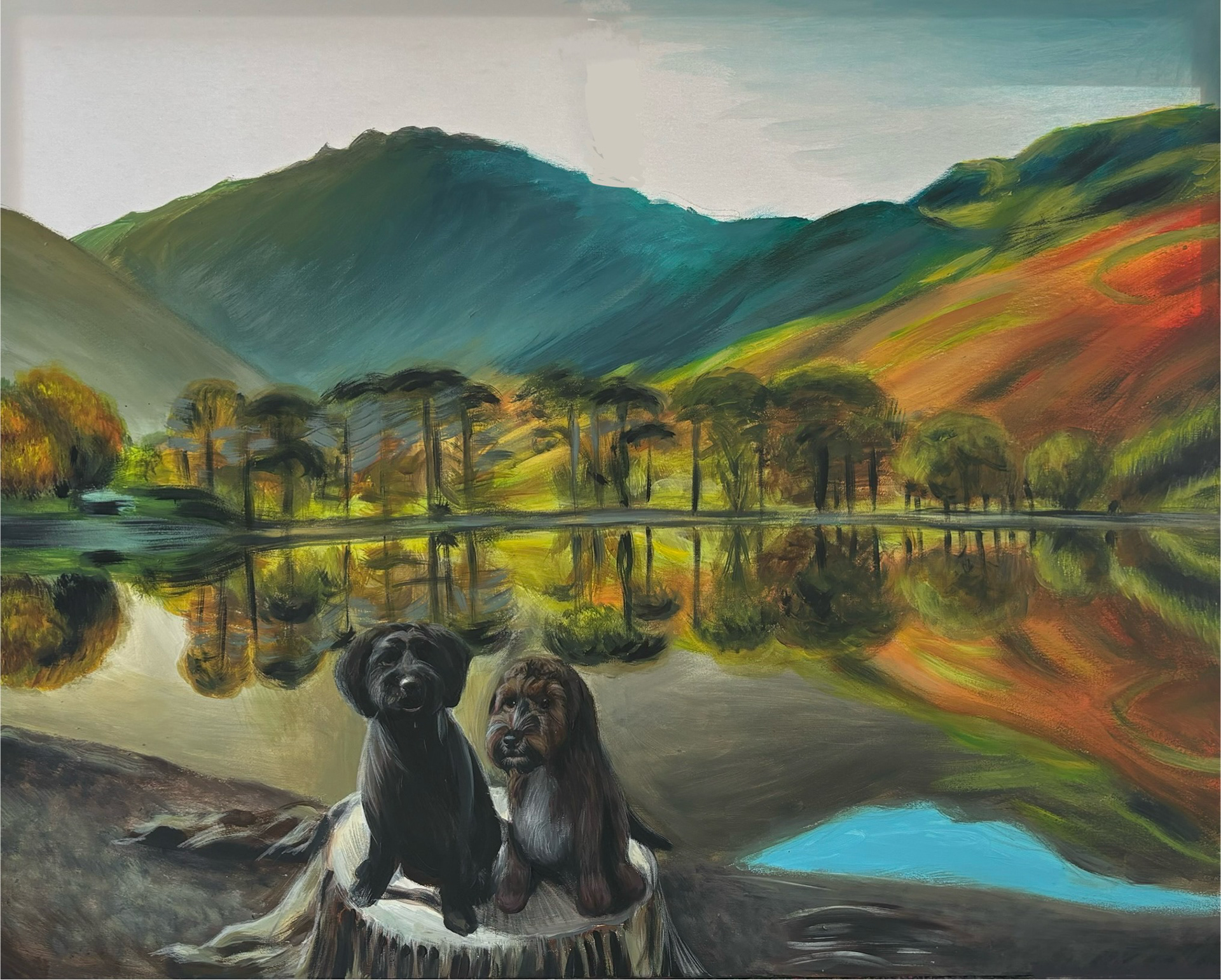 Dogs by Lake, A1, Acrylic, Canvas