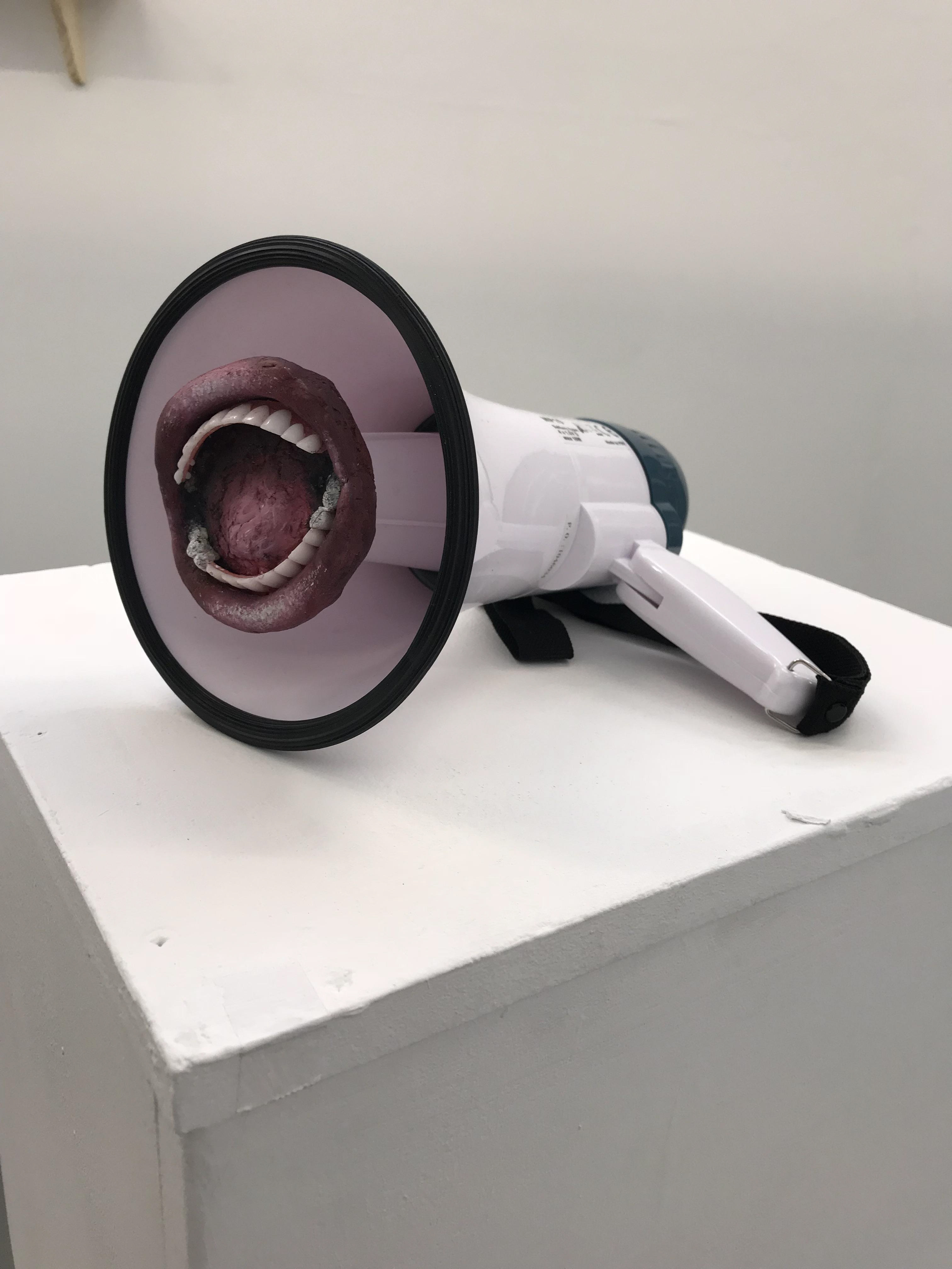 Can you hear me? Replica of mouth made my clay, painted in acrylic with plastic teeth, mouth attached by magnets onto megaphone, placed on plinth.