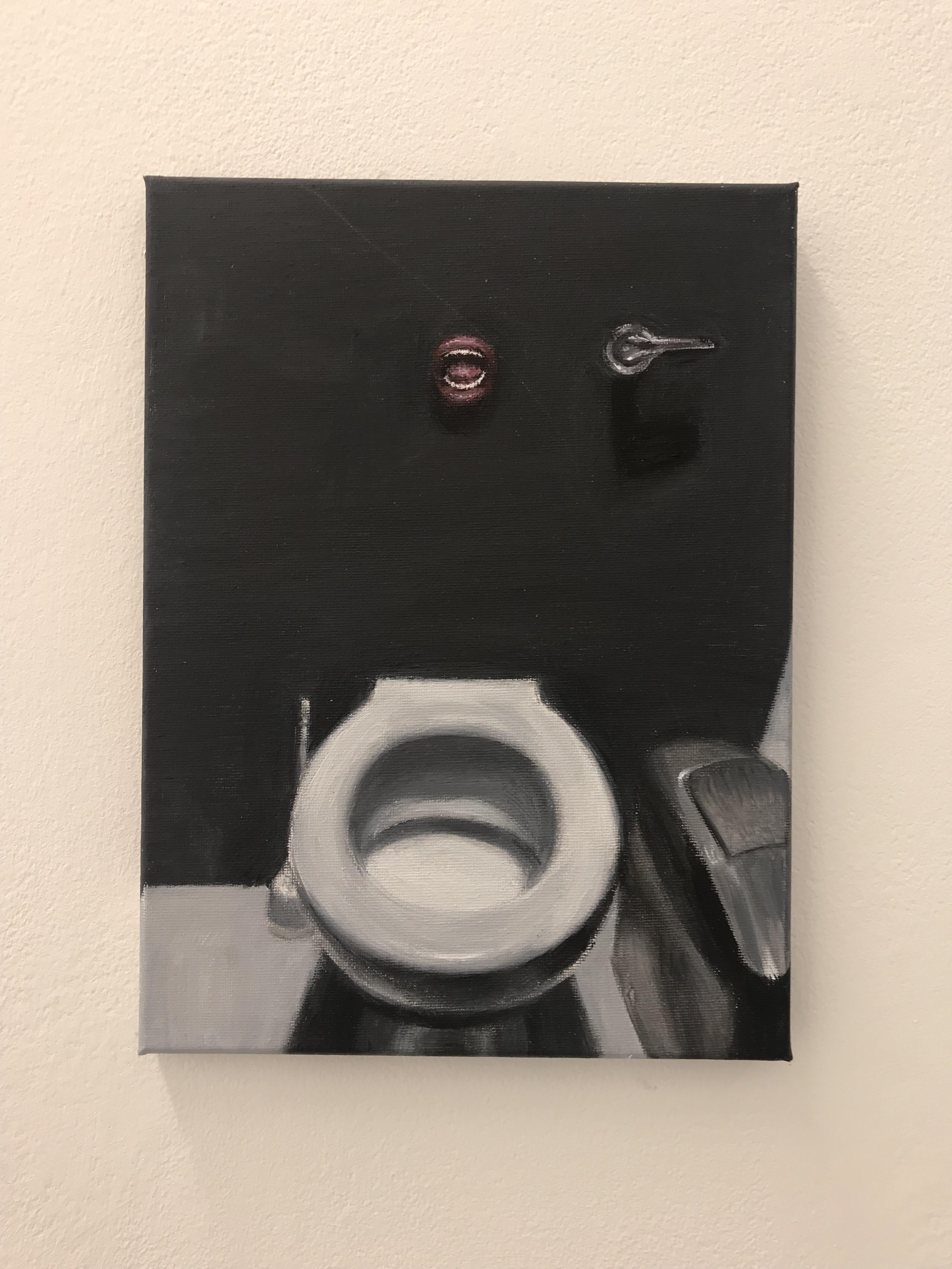 Can you hear me? The disembodied mouth attached to a megaphone symbolizes the irony of the mouth portraying it to project loud sounds, but instead there is silence instead of expected audio. The screaming mouth theme in this artwork portrays the subject of hidden frustrations; although you want to scream out the struggles you’re suffering, it is difficult to be vocal about it to anyone and ask for help. A4, Acrylic Paint, Canvas