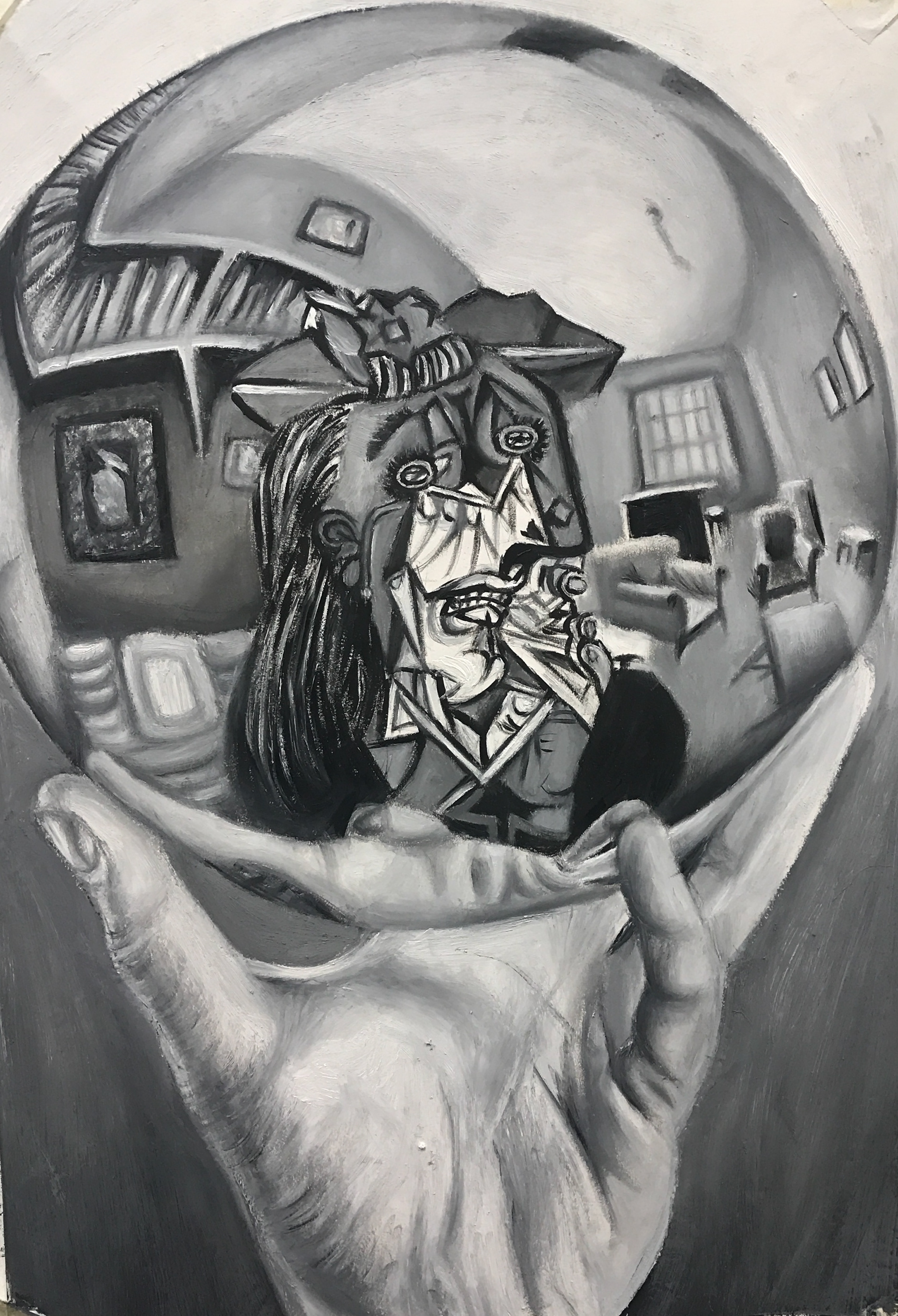 Transcription of The Weeping Woman by Picasso and Hand With Sphere by Escher, A3, Oil, Paper.