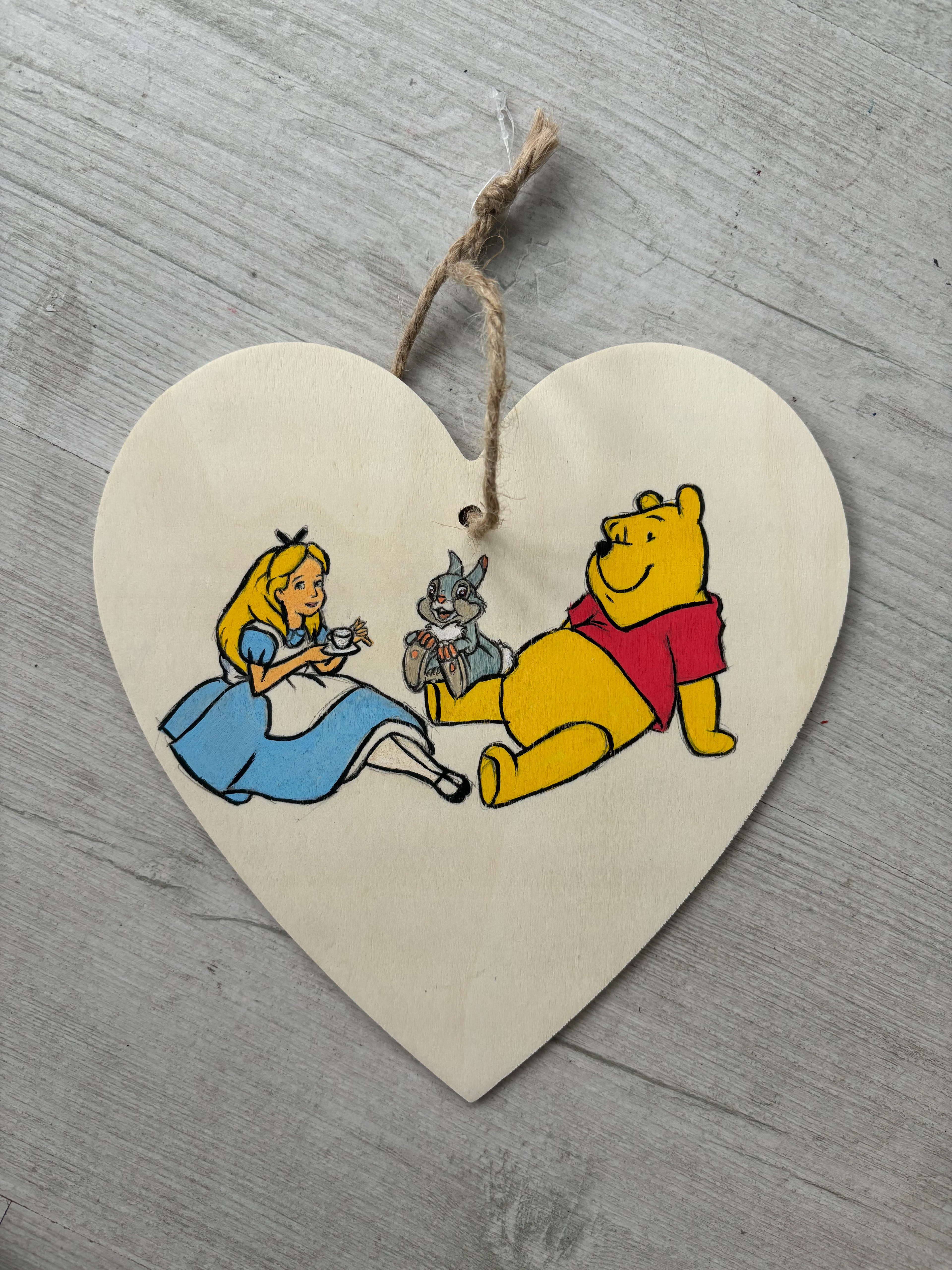 Alice, Thumper and Pooh, Wooden Heart, Acrylic Posca Pens