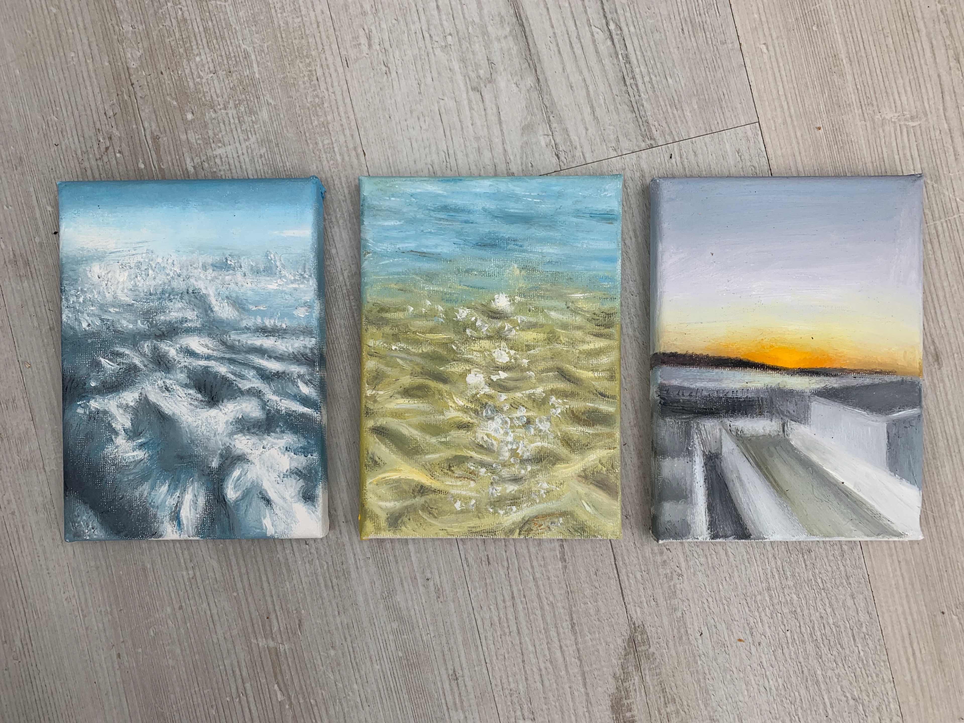 Travel Adventures, Oil on 3 A5 canvases