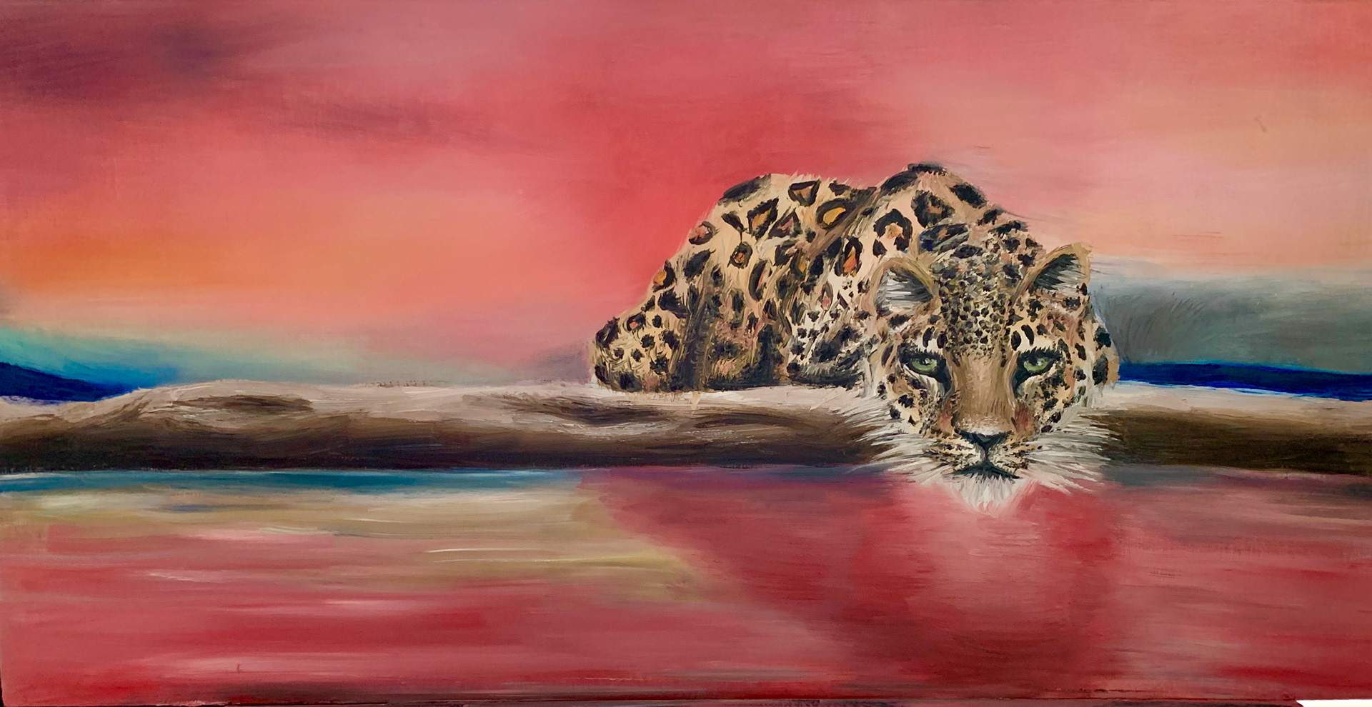 Transcription of "Leopard Drinking at sunrise", A2, Oil, Canvas
