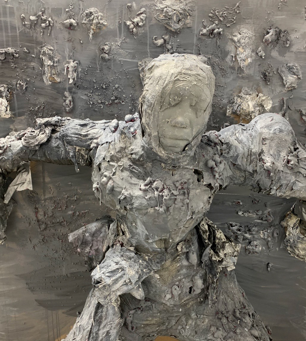 Are You Sure? (2/2), Acrylic Paint, Expanding Foam, Mod Roc, Chicken Wire and Papier Mache on MDF Wood. 147 cm x 125 cm x 70 cm. This piece explores the continuous subject of the insecurities of appearances through a female’s perspective and the pressures of achieving beauty standards in today’s society. The sculpture hidden behind a portrait painting of a perfect appearance attempts to reveal a sense of integrity away from the presentation of a conforming image towards the representation of self with more honesty. The imagery of an unstable life-sized figure hidden behind, and struggling to keep up, a perfect appearance personifies the struggles many women can go through due to pressures of social media.