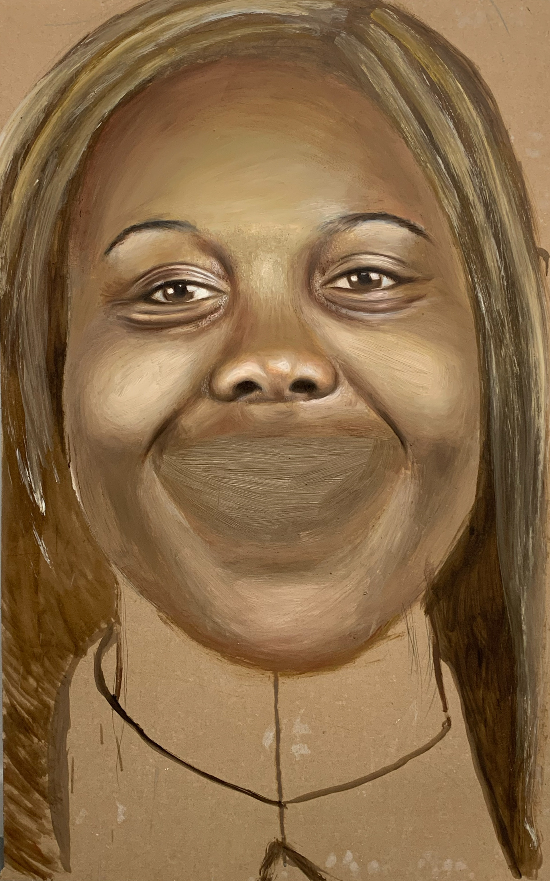 Picture that (2/2), Oil, 122cm x 76cm, MDF Wood The idea of letting the audience imagine what is expected to be in the image by not painting a certain feature allows the viewer to evaluate. Leaving a blank space for the mouth of the face can allow the viewer to imagine either a smile, a frown or any other expression that they would expect, symbolising society's expectations of how a young female should appear to the public eye. The audience are forced to form an engagement based upon the holding back of information, this means in terms of the amount of information we see on a daily basis through forms of mass communication along with conventions within art itself.