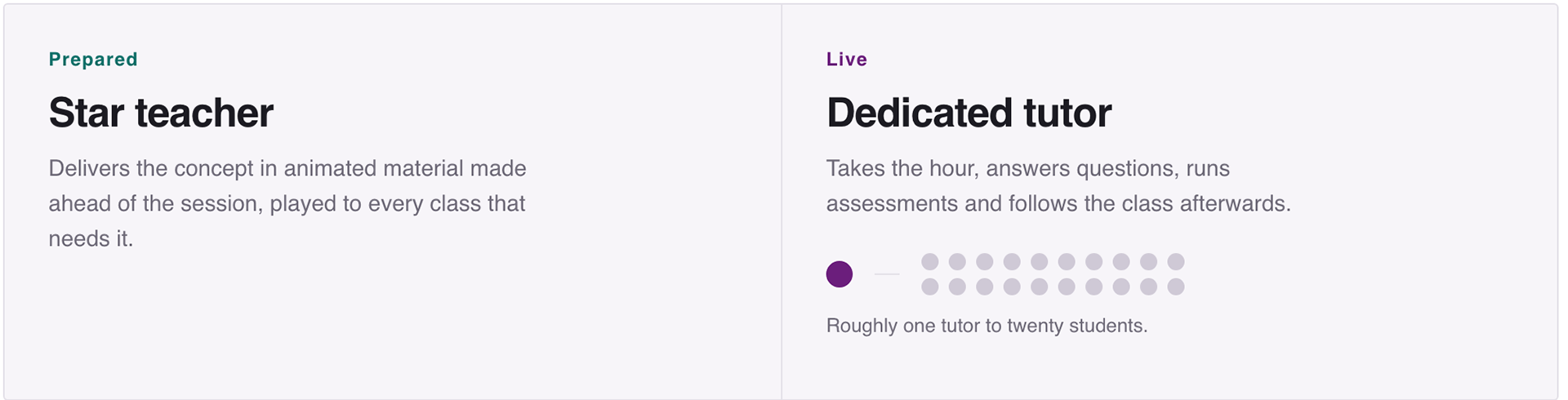 Two panels. The star teacher, who delivers the concept in animated material made ahead of the session. The dedicated tutor, who takes the hour live, answers questions and runs assessments, at roughly one tutor to twenty students.