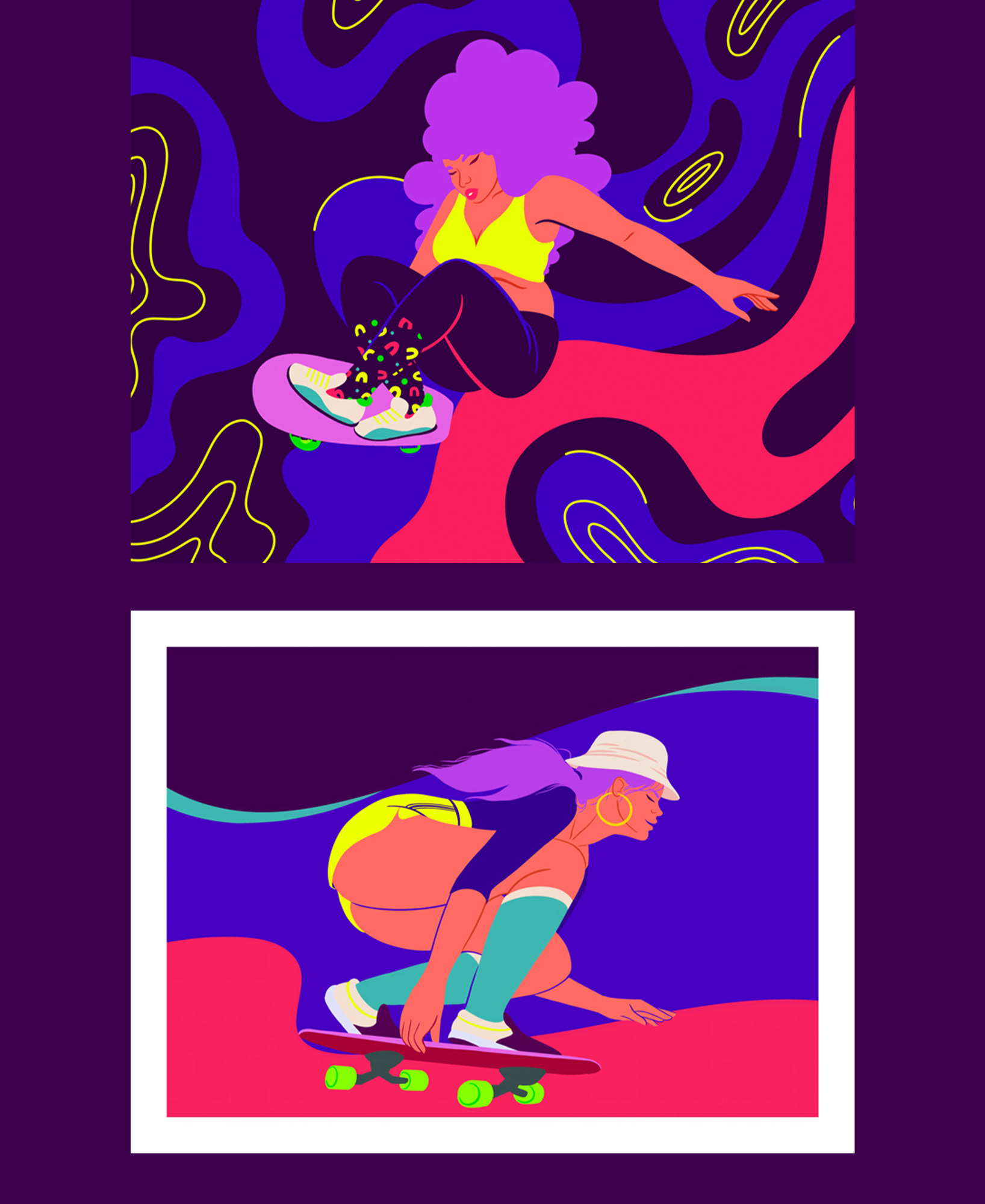 Illustrations of a wxmen skater in a dynamic figure skate, by artist Hina Hundt