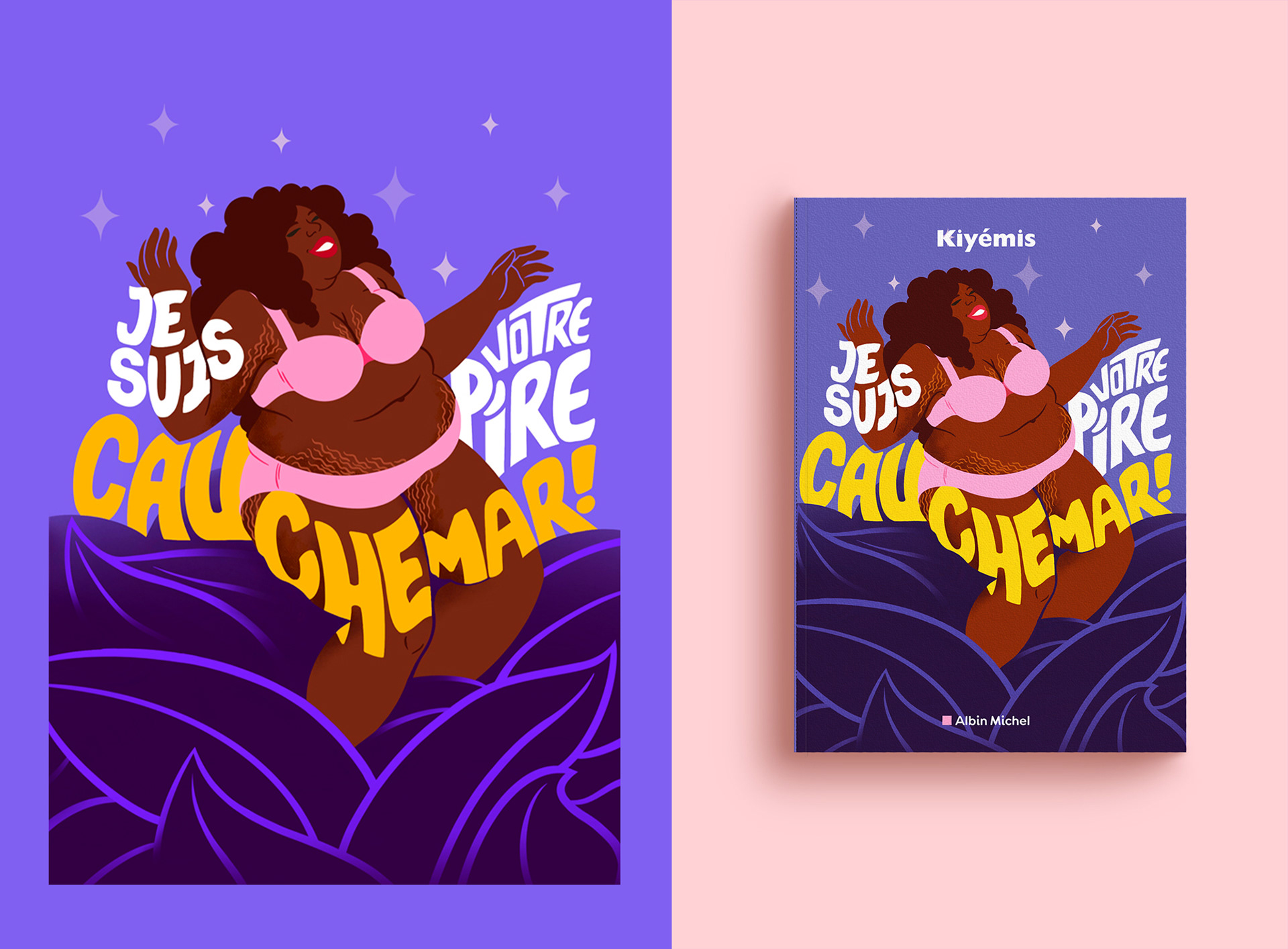 Cover illustration of Kiyémis's book "Je suis votre pire cauchemar !" created by Hina Hundt and published at Les éditions Albin Michel