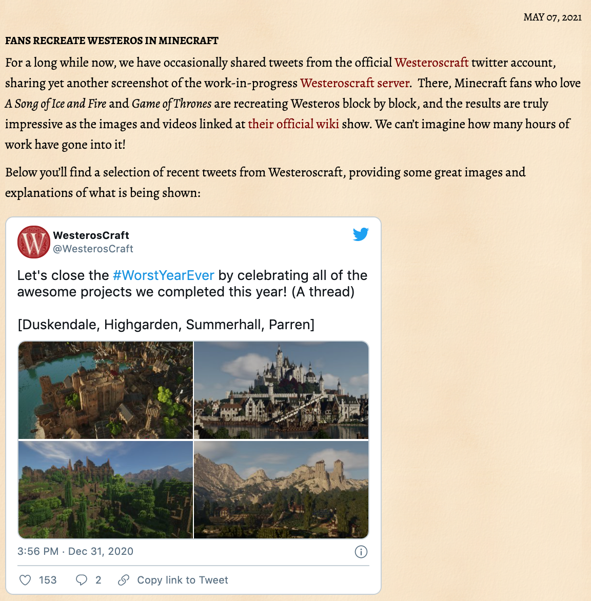 WesterosCraft featured on westeros.org