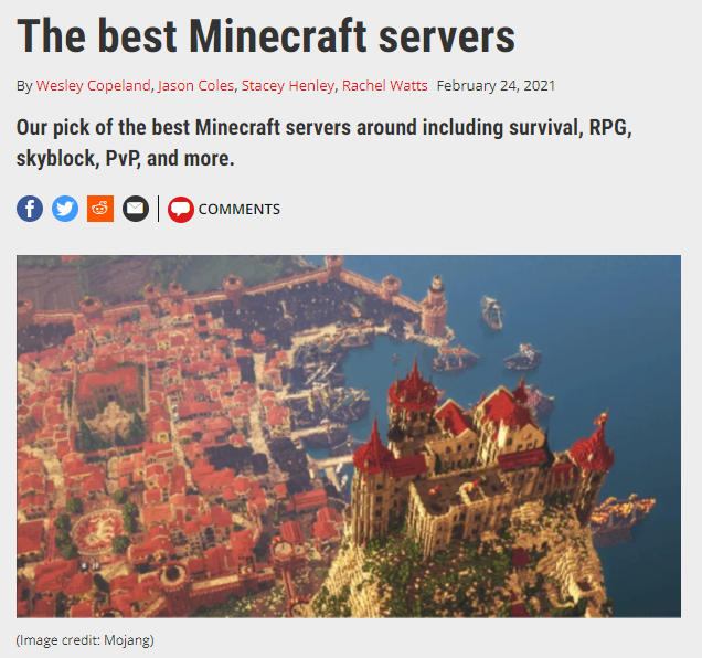 PCGamer Top 10 Minecraft Servers list featuring WesterosCraft's Lannisport project