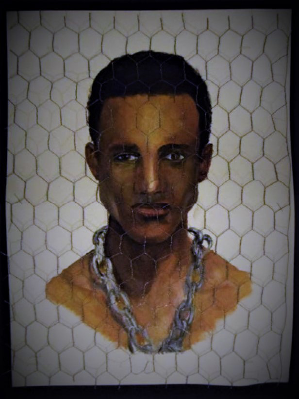 Mixed Media: Metal mesh x oil on cartridge