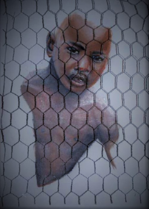 Mixed Media: Metal mesh x oil on cartridge