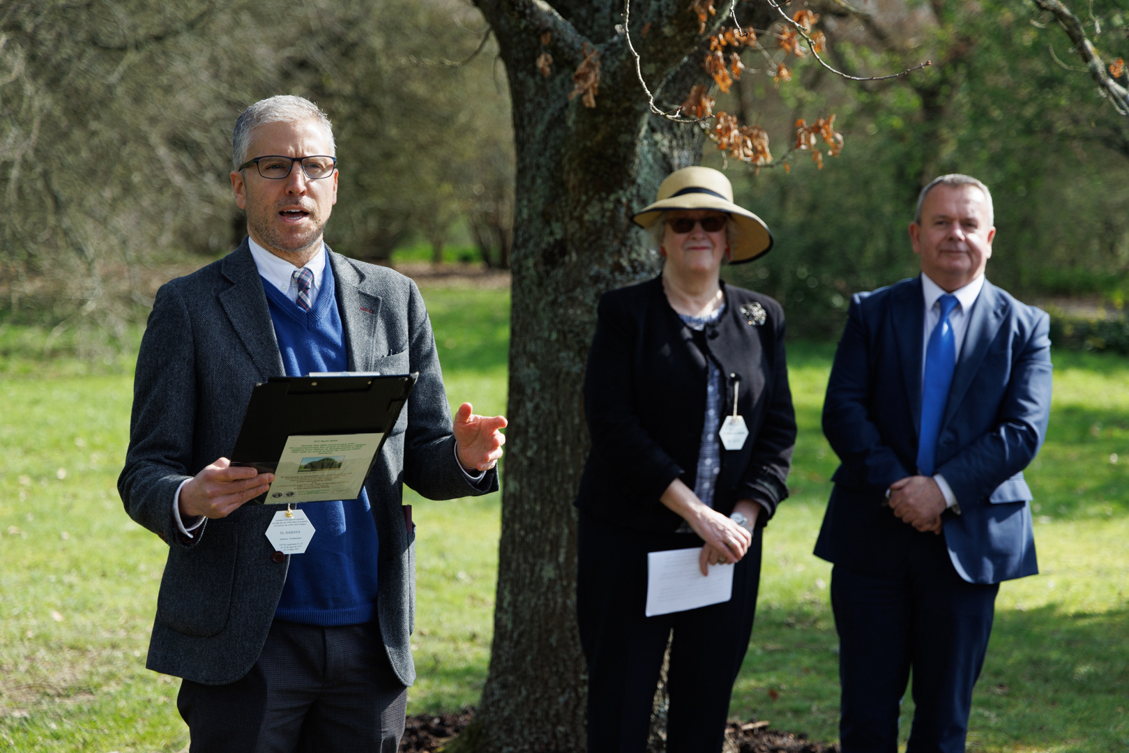 Councillor Russell Oppenheimer, Executive Member for Countryside and Regulatory Services of Hampshire County Council at the dedication of the Tree of Guernica at Sir Harold Hillier Gardens by the Basque Children Association of 37 UK. Carmen Kilner representing both Basque Children Associations of 37 and Councillor Rob Humby, leader of Hampshire County Council.