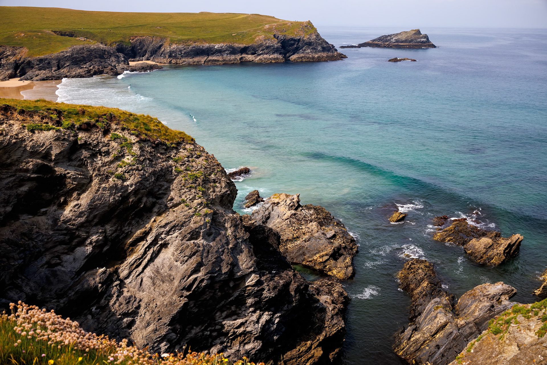 Wild rocky coastline at West Pentire in Cornwall