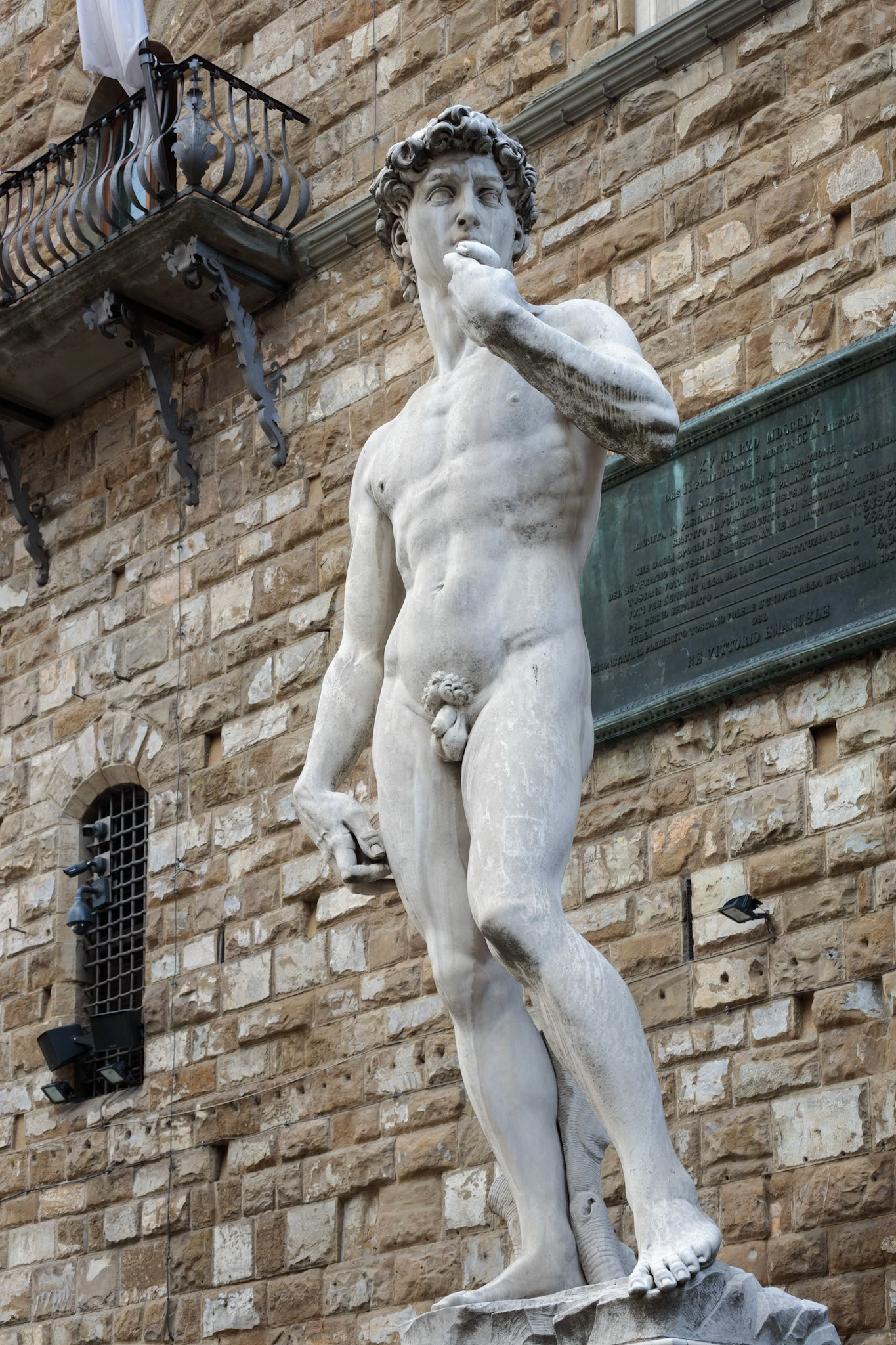 FLORENCE, TUSCANY/ITALY - OCTOBER 19 : Statue of David by Michelangelo on the Piazza della Signoria in front of the Palazzo Vecchio Florence on October 19, 2019