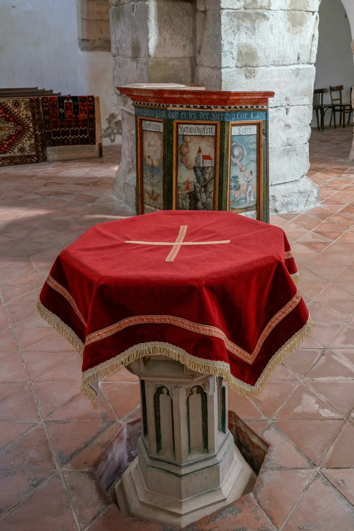 PREJMER, TRANSYLVANIA/ROMANIA - SEPTEMBER 20 : View of the font in the Fortified church in Prejmer Transylvania Romania on September 20, 2018