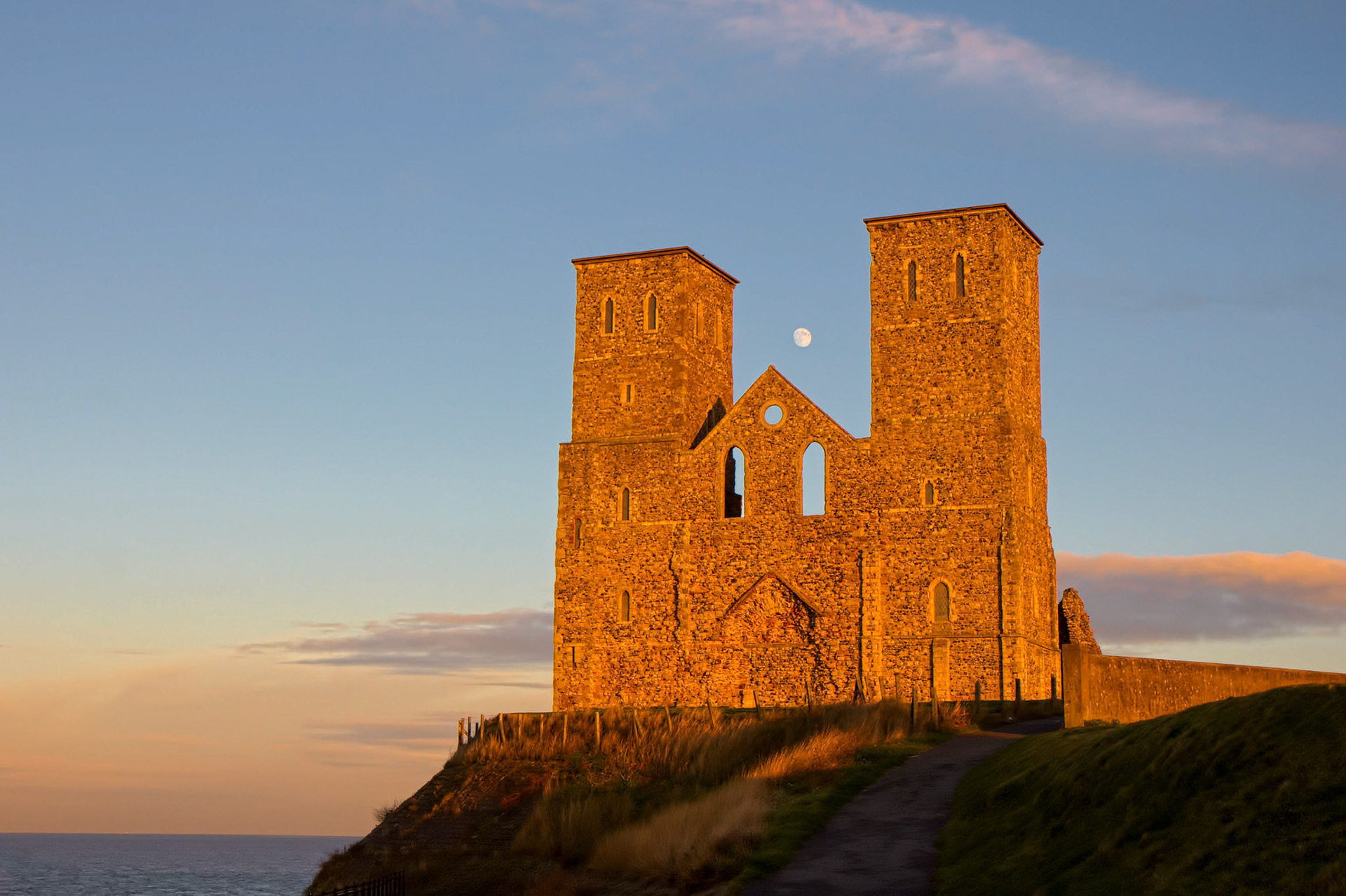RECULVER, ENGLAND/UK - DECEMBER 10 : Remains of Reculver Church Towers Bathed in Late Afternoon Sun in Winter at Reculver in Kent on December 10, 2008