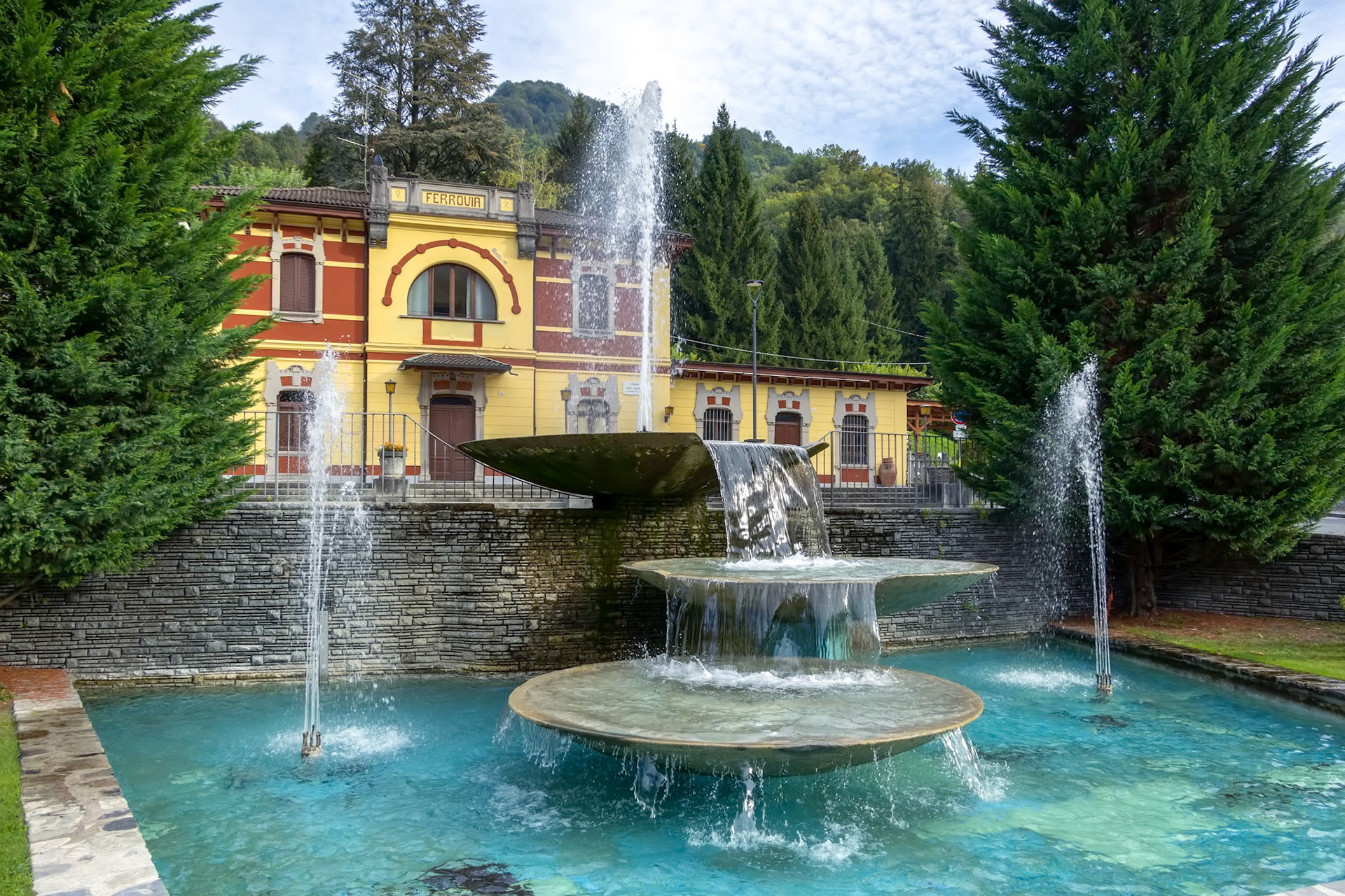 SAN PELLEGRINO, LOMBARDY/ITALY - OCTOBER 5 : View of a modern fountain in San Pellegrino Lombardy Italy on October 5, 2019