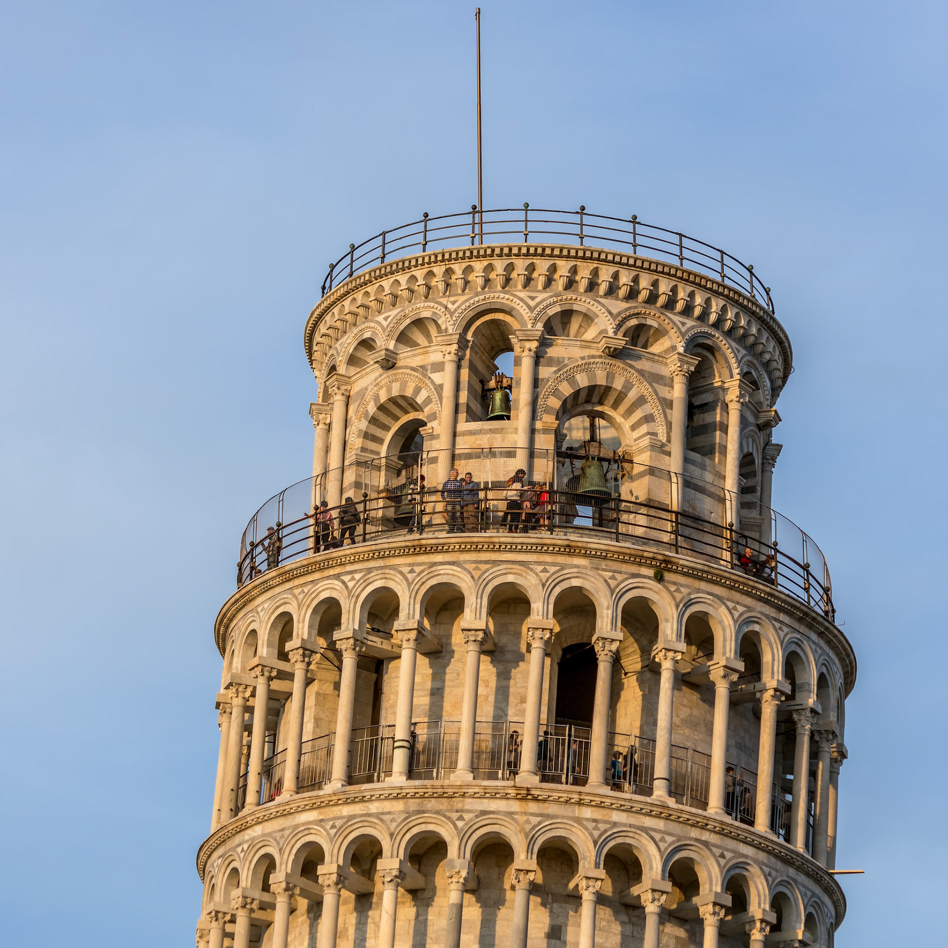 PISA, TUSCANY/ITALY  - APRIL 18 : Exterior view of the Leaning Tower in Pisa Tuscany Italy on April 18, 2019. unidentified people