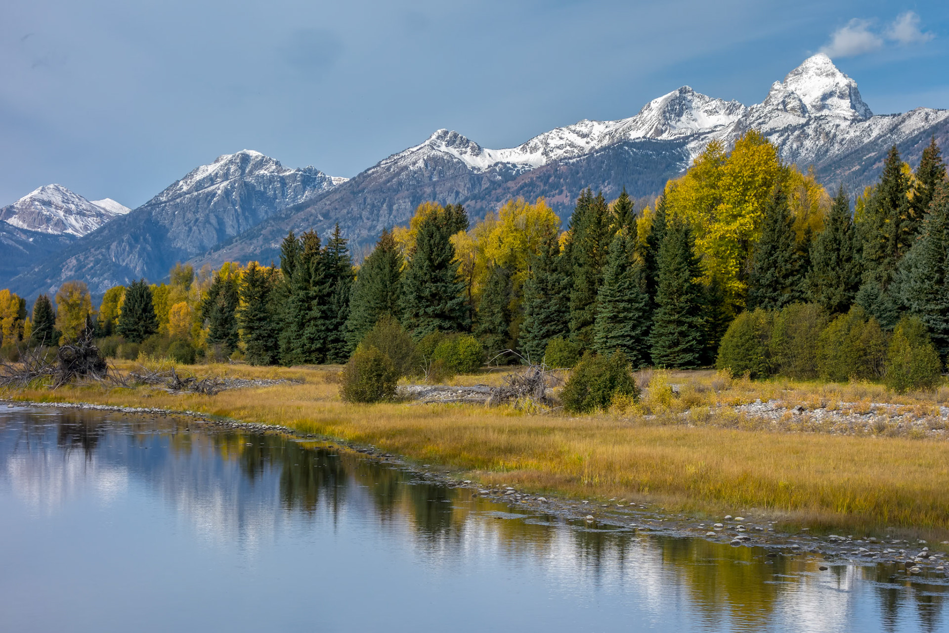 Peaceful and tranquil Snake River winding its way through Wyoming