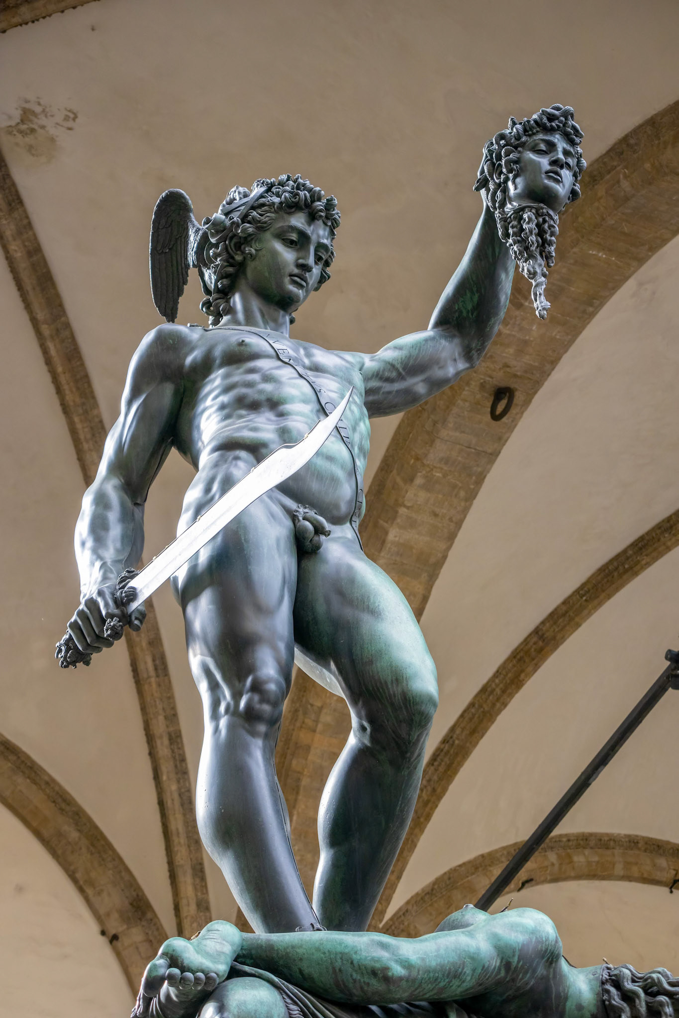 FLORENCE, TUSCANY/ITALY - OCTOBER 19 : Statue of Perseus holding the head of Medusa in Florence on October 19, 2019