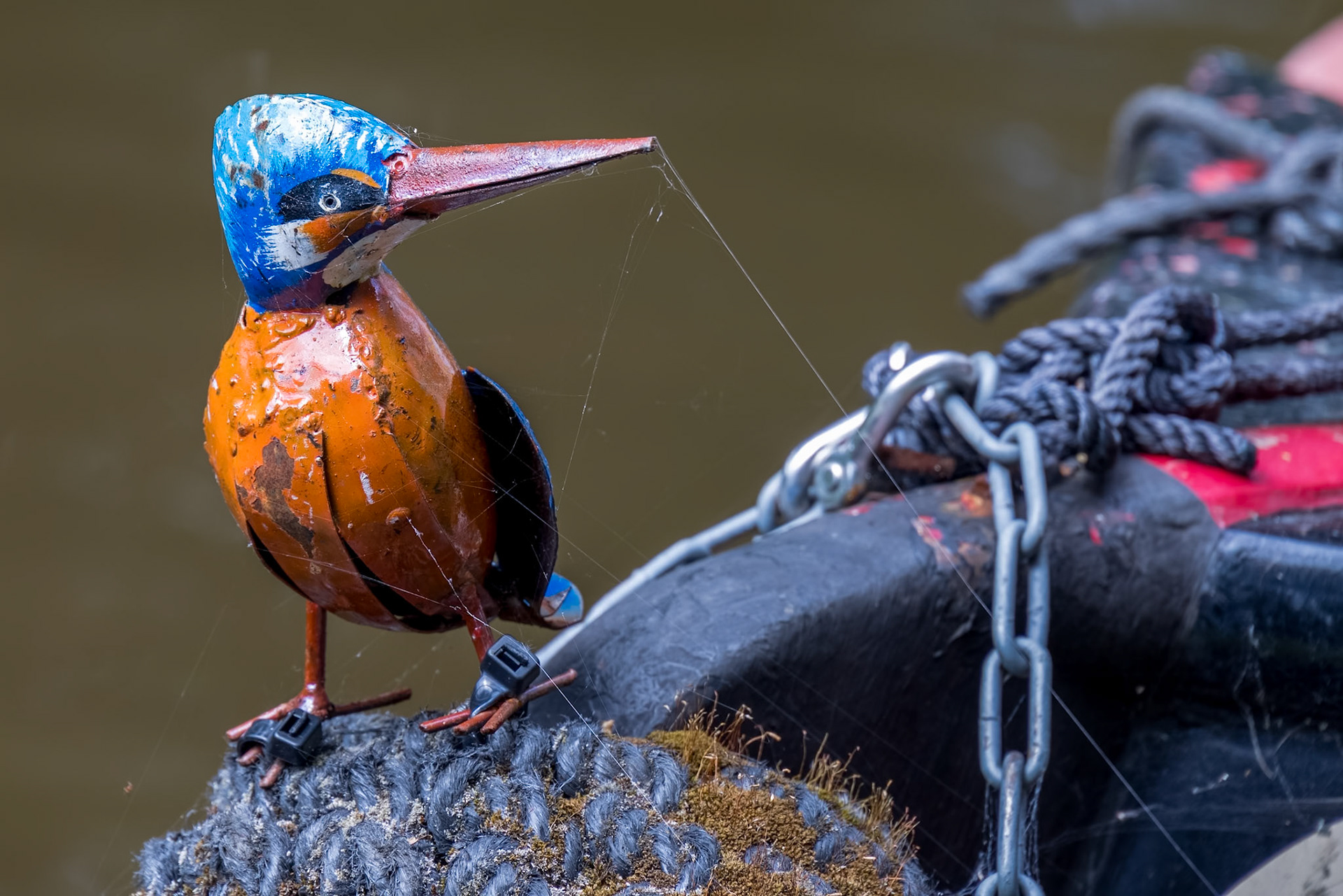 TREVOR WREXHAM, WALES - JULY 15 : Tin Kingfisher on a narrow boat near Trevor, Wrexham, Wales, UK on July 15, 2021