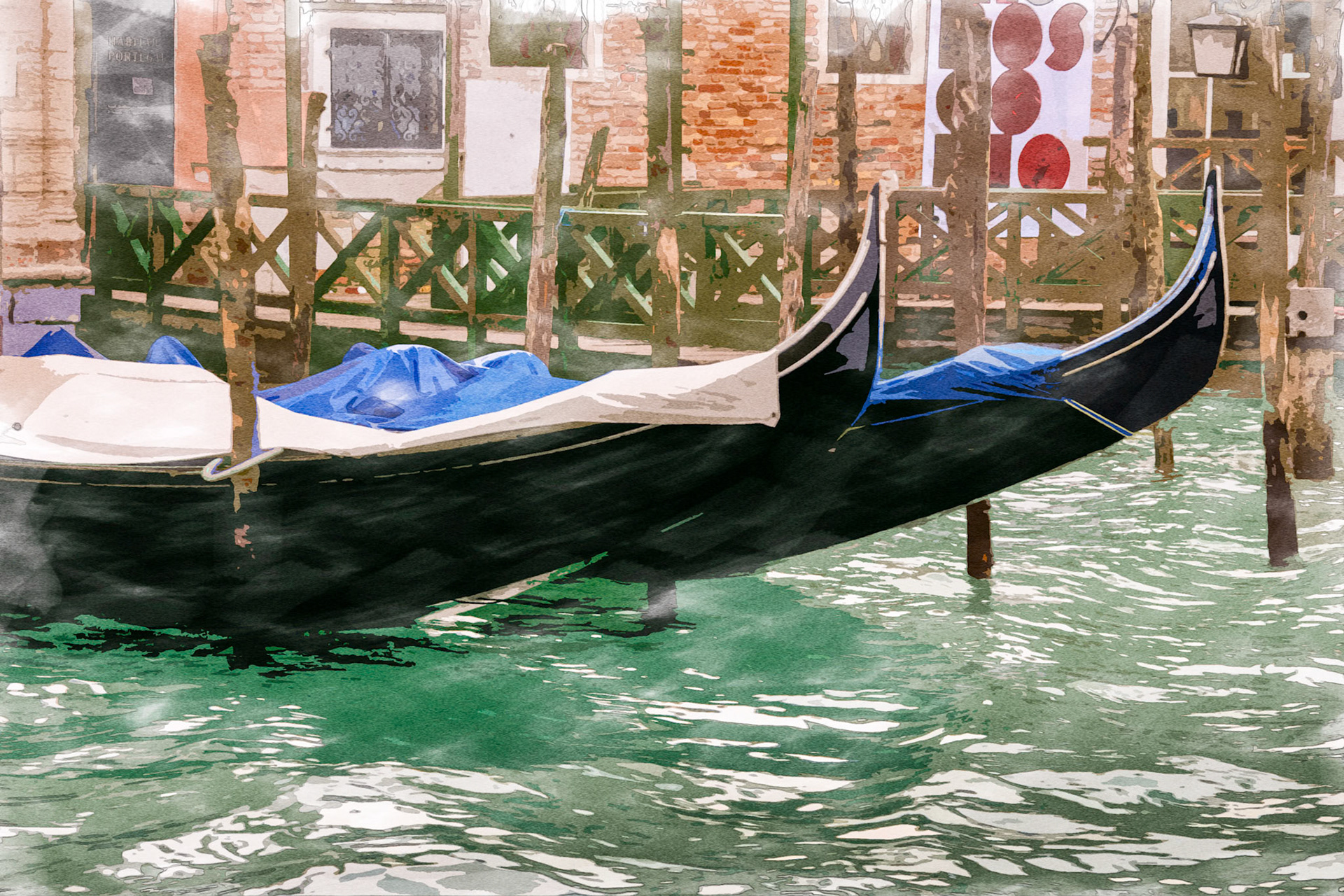 Gondolas moored in Venice