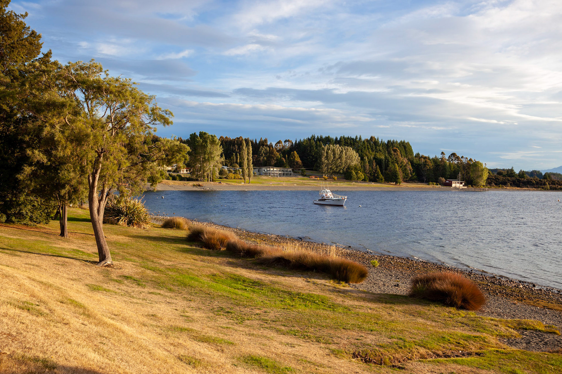 TE ANAU, FIORDLAND, NEW ZEALAND - FEBRUARY 17 : Golden evening light on Lake Te Anau, Fiordland, New Zealand on February 17, 2012