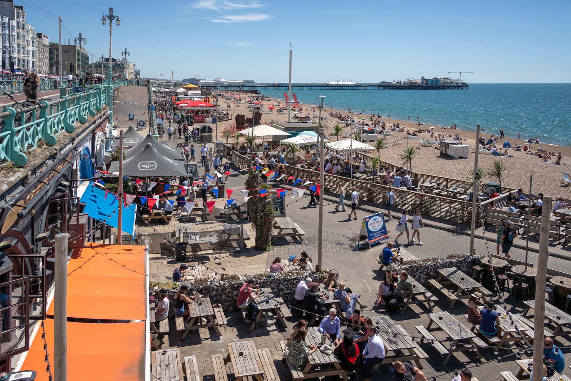 Brighton, East Sussex, UK - July 15, 2022 : View of the beach in Brighton on July 15, 2022. Unidentified people