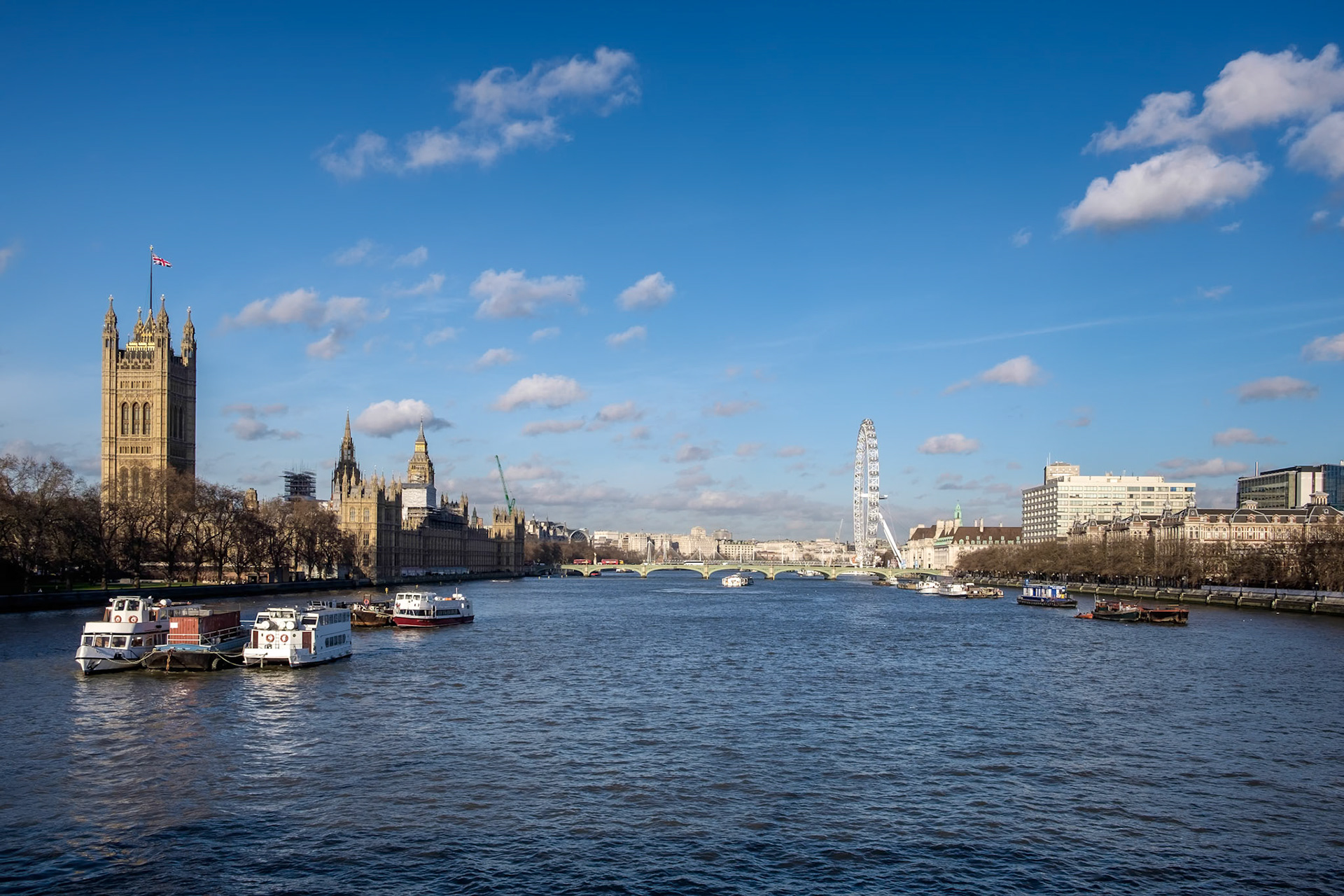 View along the River Thames to the Houses of Parliament