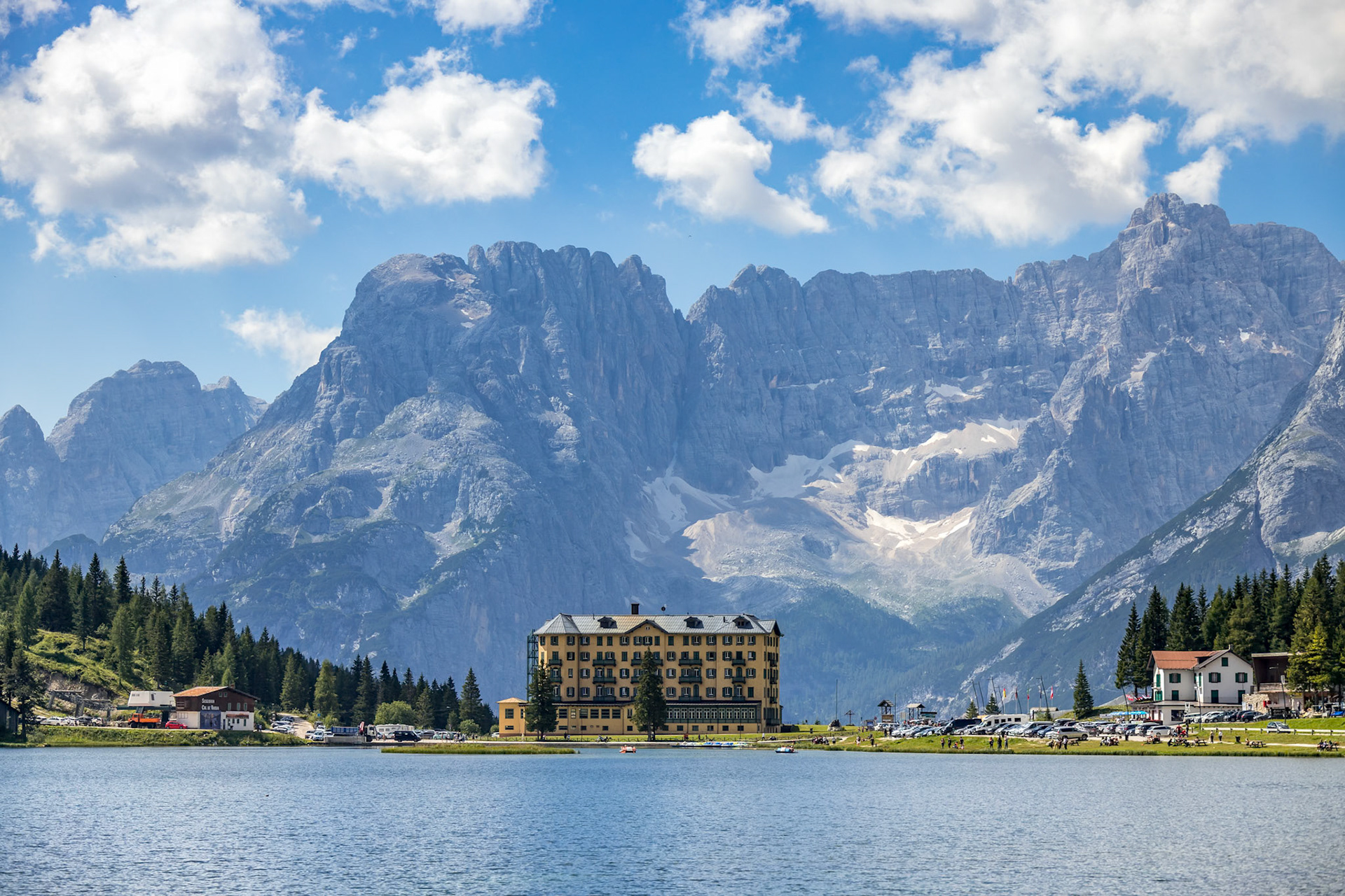 LAKE MISURINA, VENETO/ITALY - AUGUST 9 : View of Lake Misurina near Auronzo di Cadore, Veneto, Italy on August 9, 2020. Unidentified people