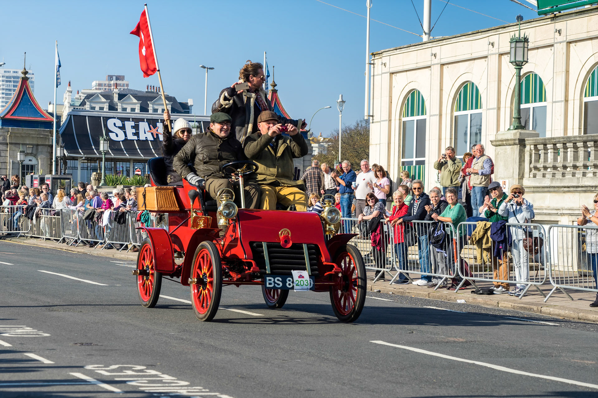 Car approaching the Finish Line of the London to Brighton Veteran Car Run