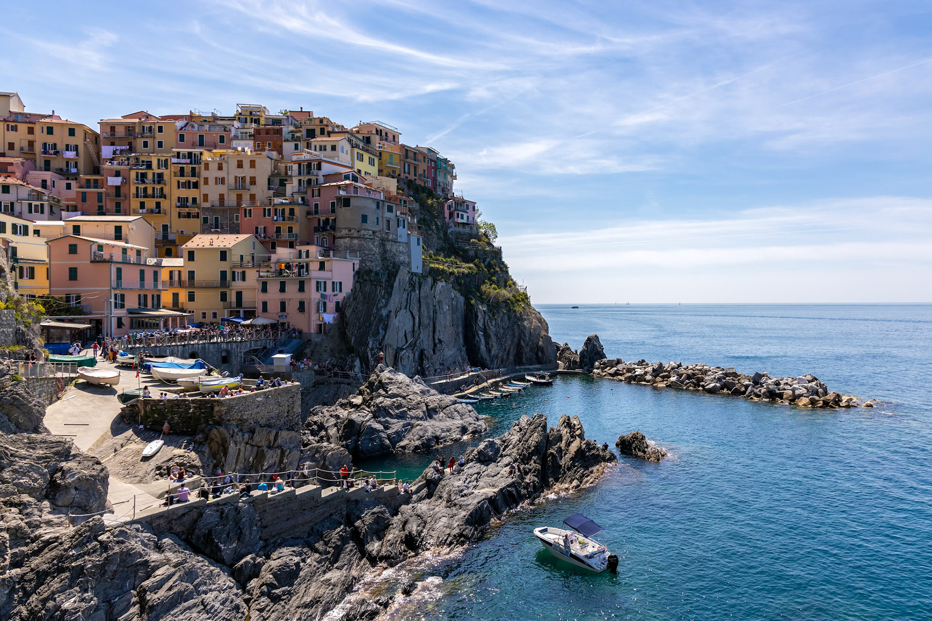 MANAROLA, LIGURIA/ITALY  - APRIL 20 : Coastal view of Manarola Liguria Italy on April 20, 2019. Unidentified people