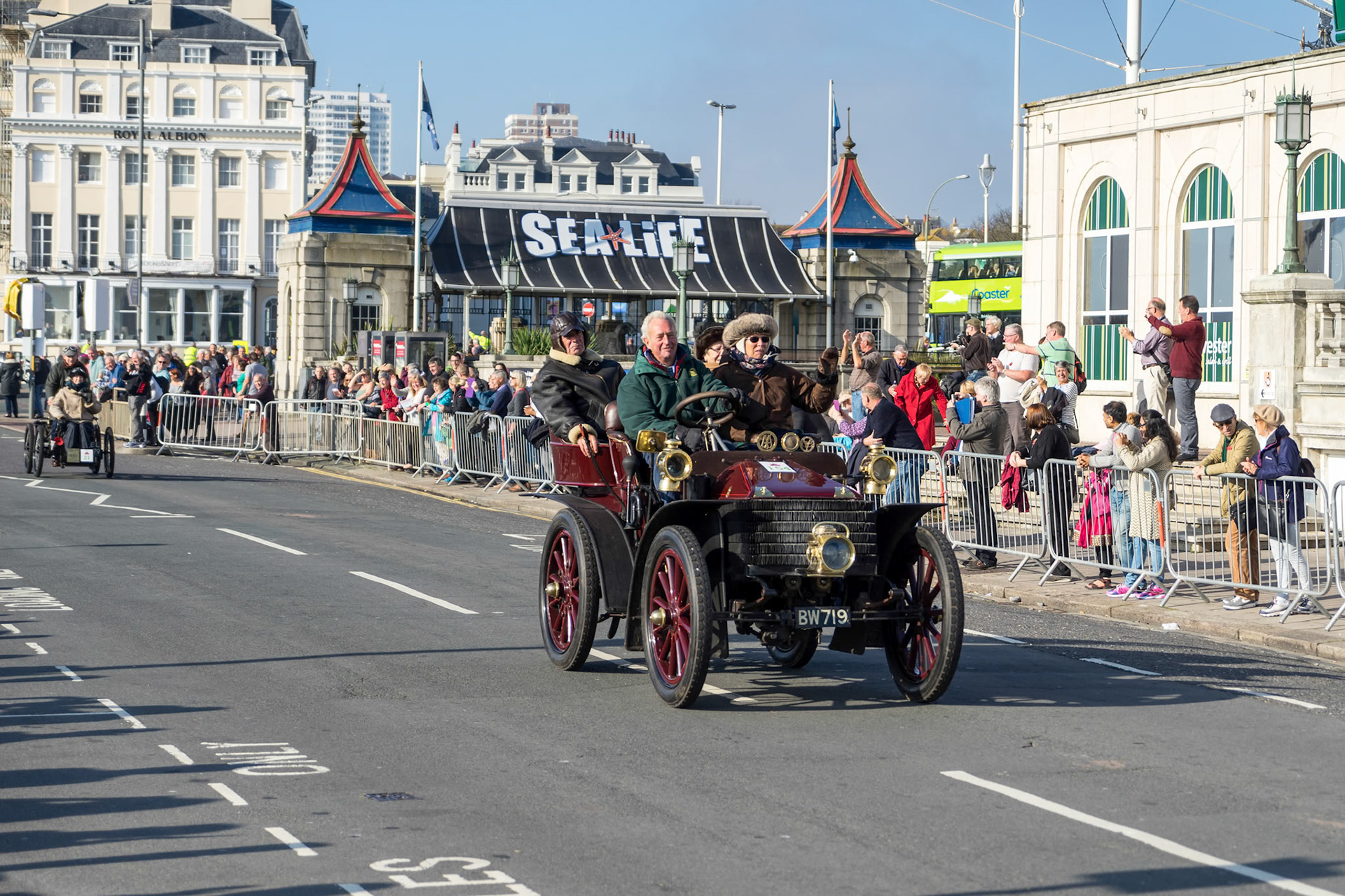 Cars approaching the Finish Line of the London to Brighton Veteran Car Run