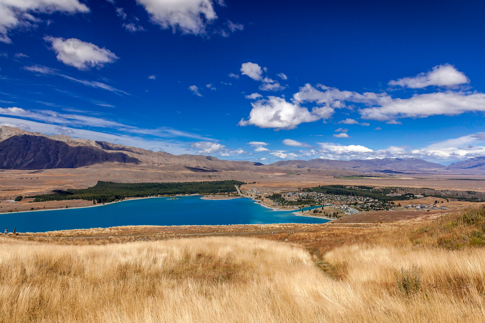 TEKAPO, NEW ZEALAND - FEBRUARY 23 : Distant view of the town of Tekapo on the shore of Lake Tekapo in New Zealand on February 23, 2012. Two unidentified people