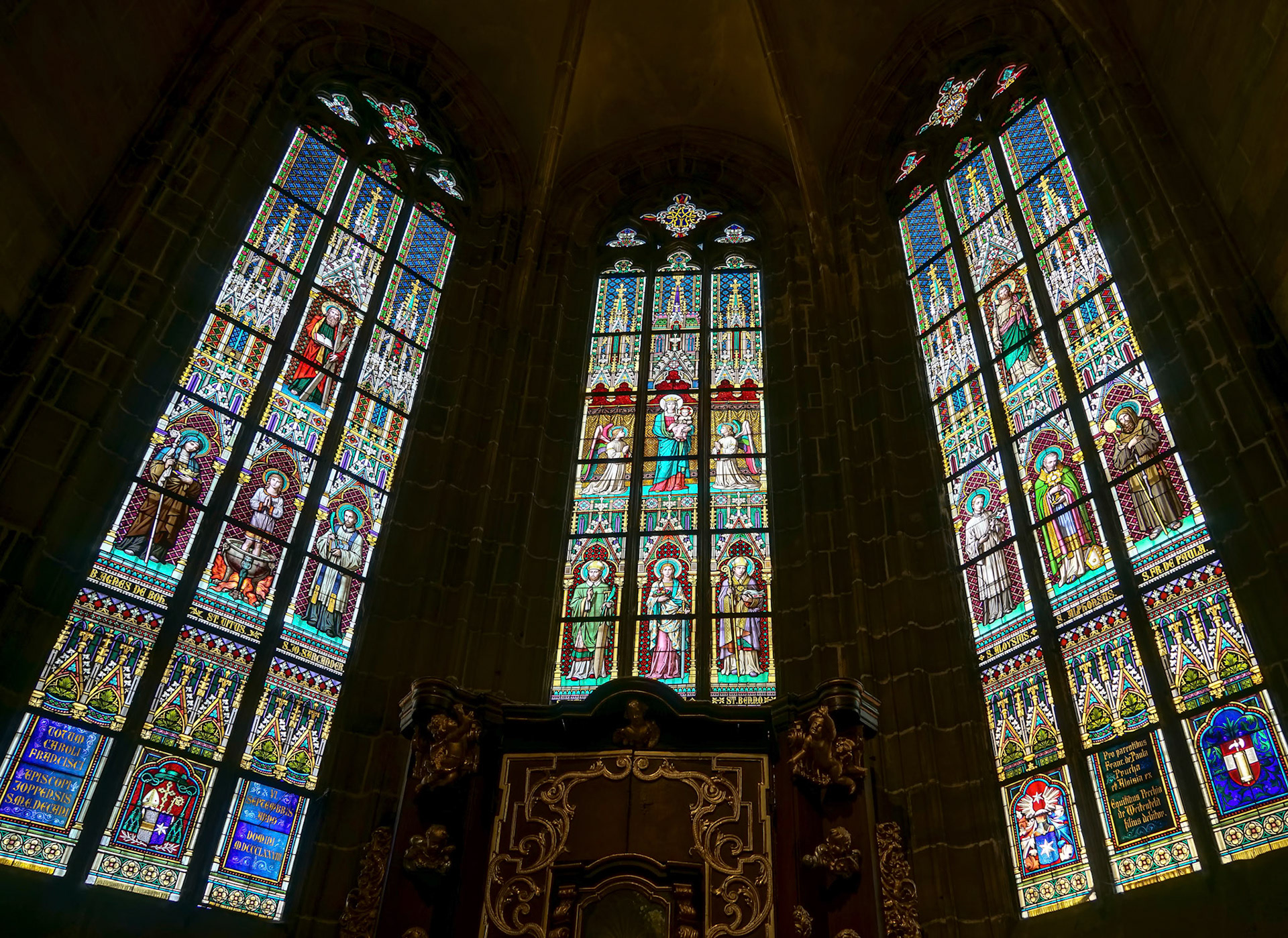 Stained Glass Window in St Vitus Cathedral in Prague