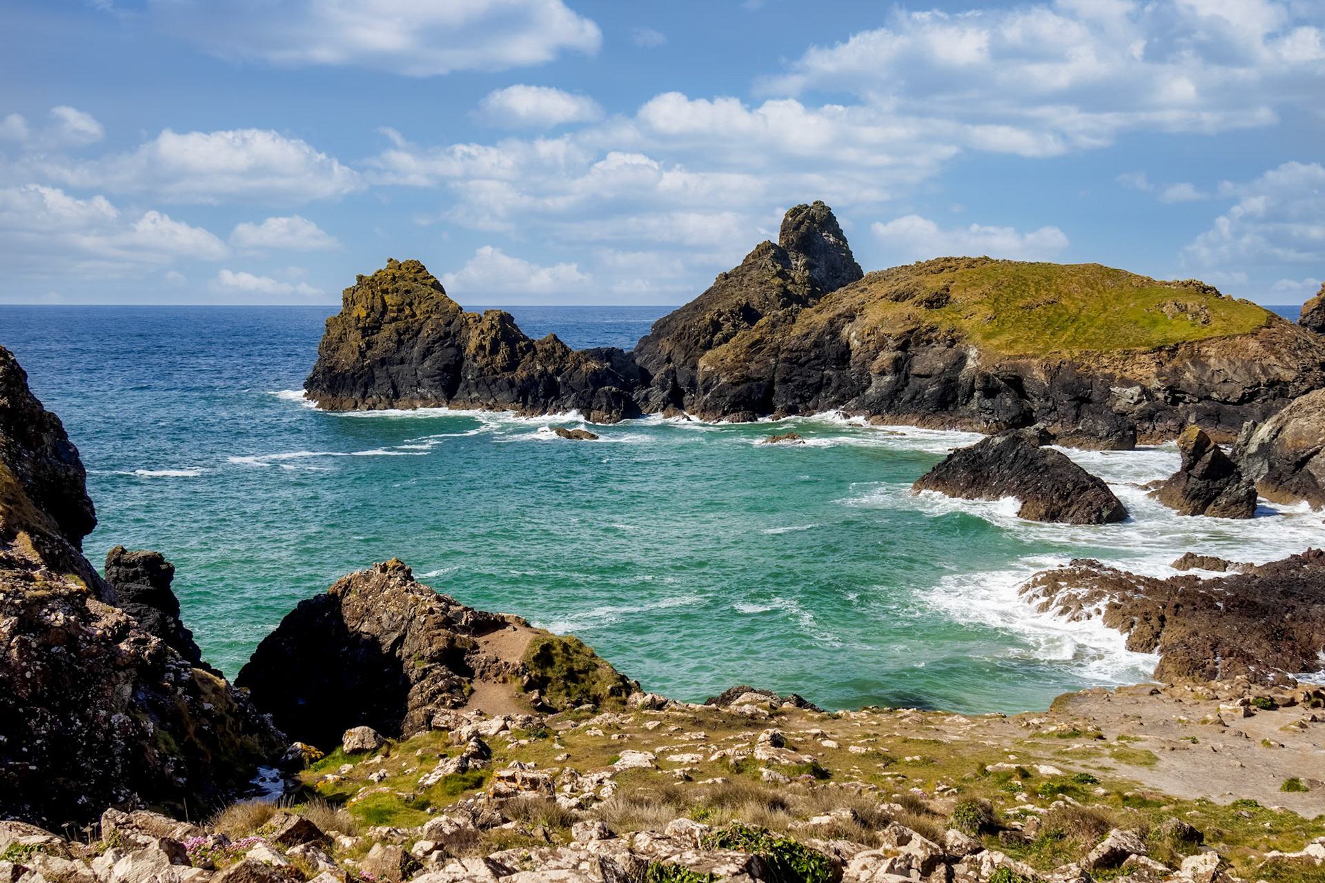 Rugged coastal scenery at Kynance Cove in Cornwall