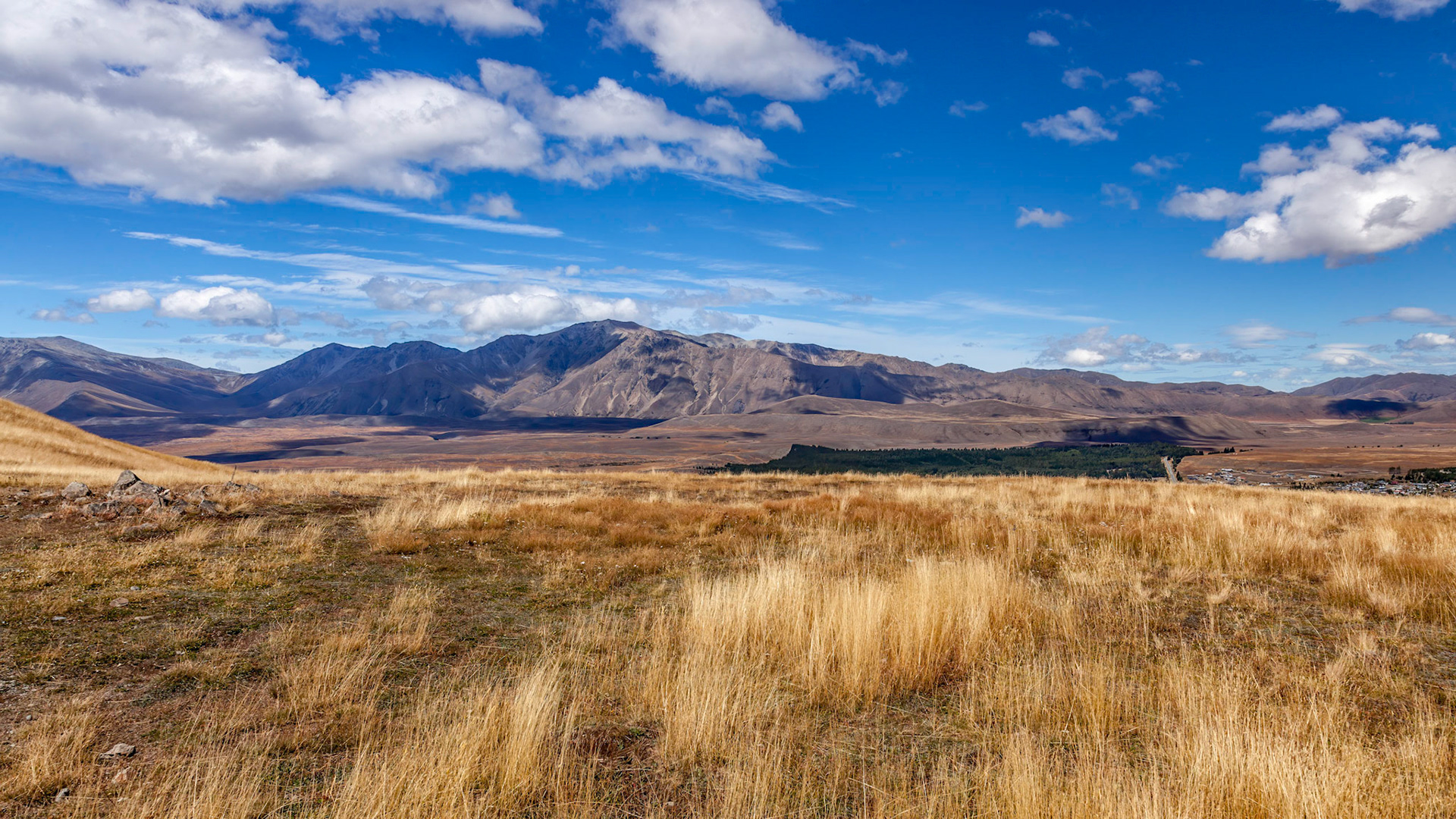 Countryside and distant mountains near Tekapo in New Zealand