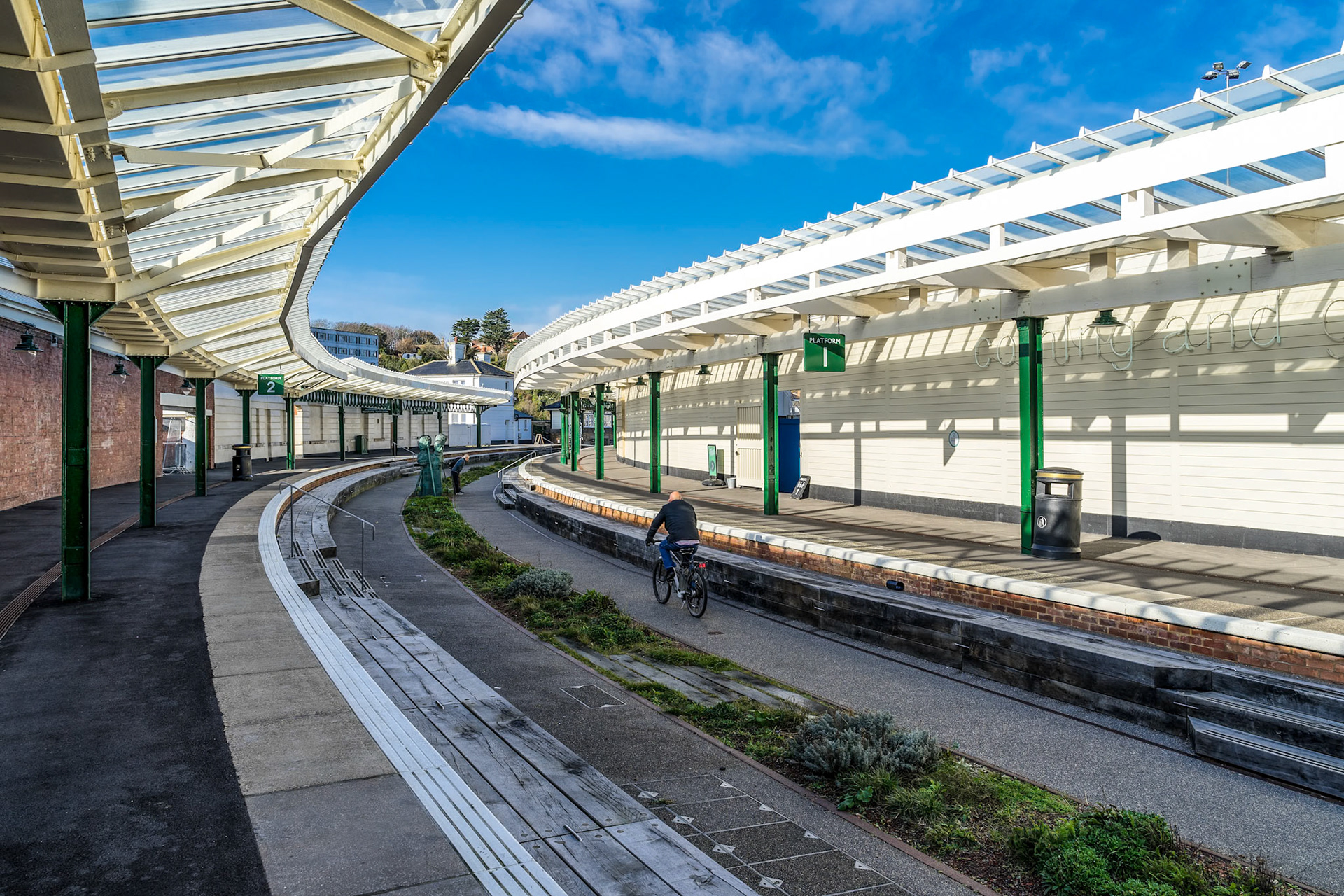 FOLKESTONE, KENT/UK - NOVEMBER 12 : View of the restored Harbour railway station in Folkestone on November 12, 2019. Two unidentified people