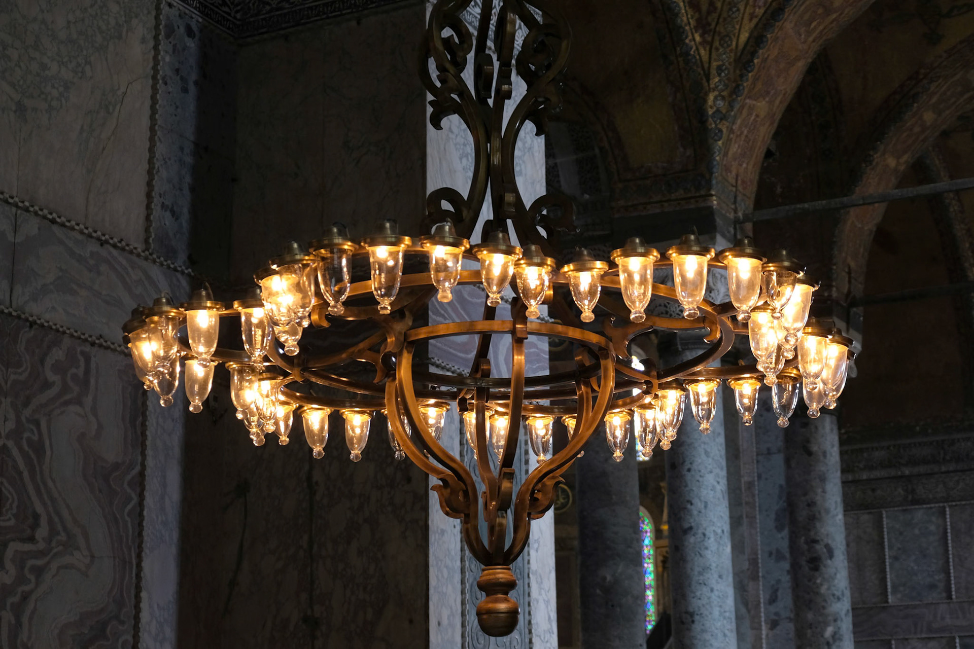 ISTANBUL, TURKEY - MAY 26 : Unusual light fitting in the Hagia Sophia Museum in Istanbul Turkey on May 26, 2018