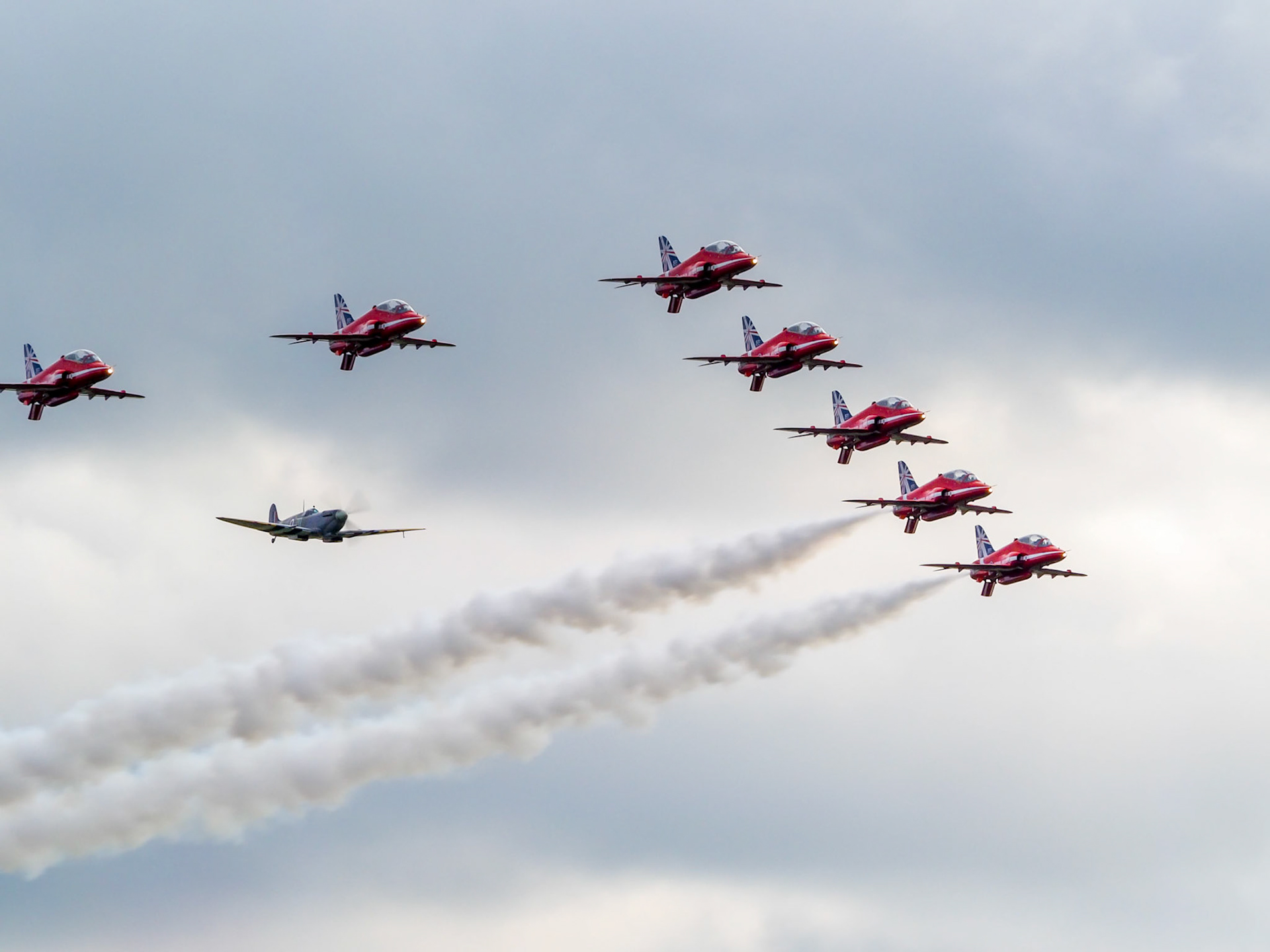 Red Arrows 50th Anniversary at Biggin Hill Airport Escorting a Supermarine Spitfire