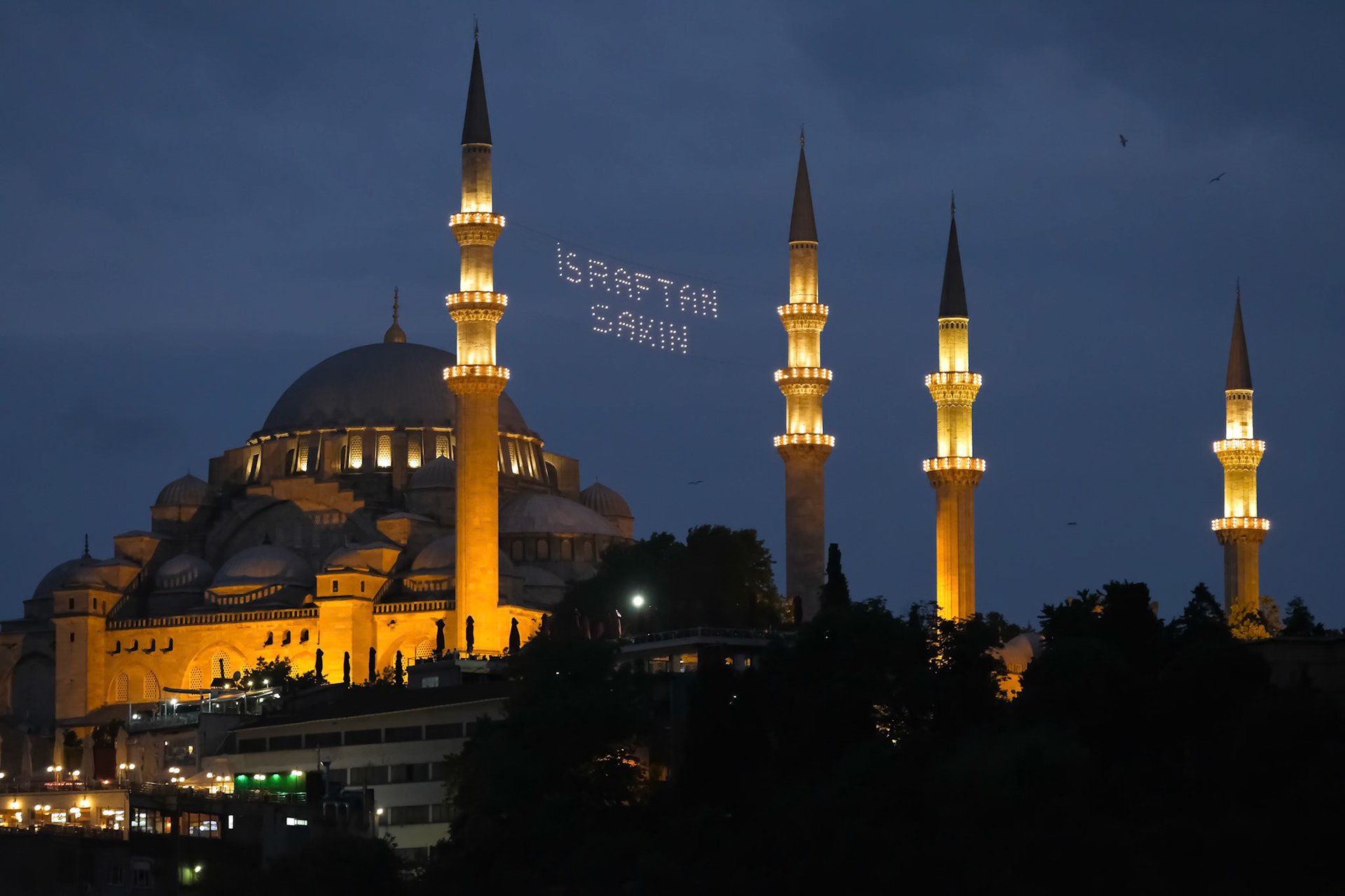ISTANBUL, TURKEY - MAY 29 : Night-time view of the Suleymaniye Mosque in Istanbul Turkey on May 98, 2018