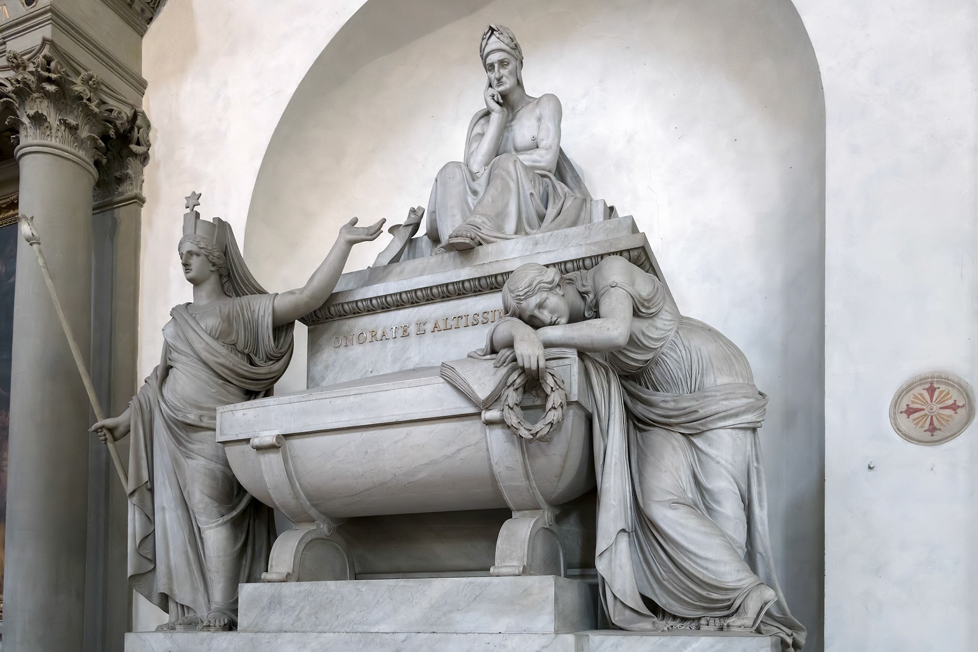 FLORENCE, TUSCANY/ITALY - OCTOBER 19 : Monument to Durante di Alighiero degli Alighieri (Dante) in Santa Croce Church in Florence on October 19, 2019