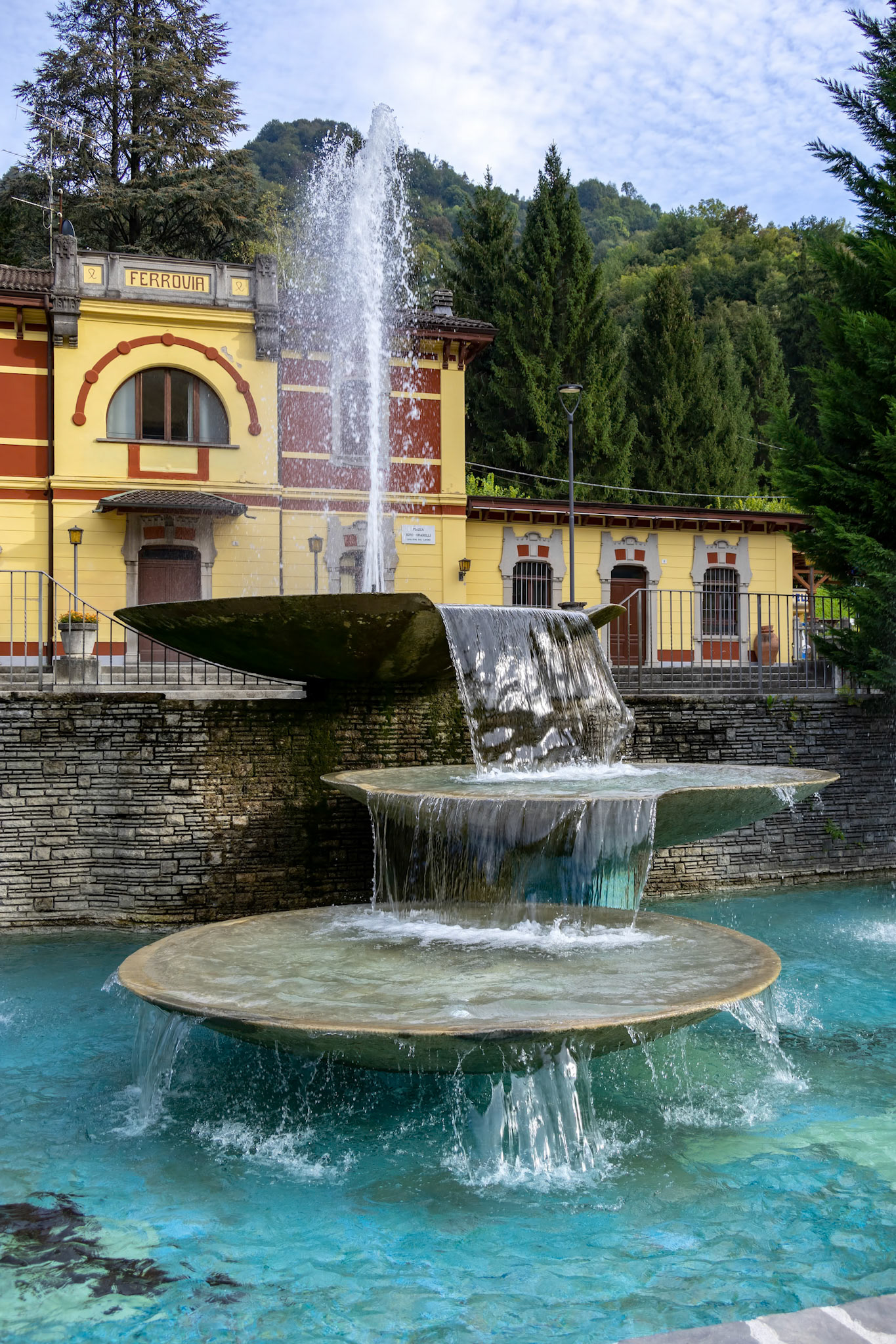 SAN PELLEGRINO, LOMBARDY/ITALY - OCTOBER 5 : View of a modern fountain in San Pellegrino Lombardy Italy on October 5, 2019