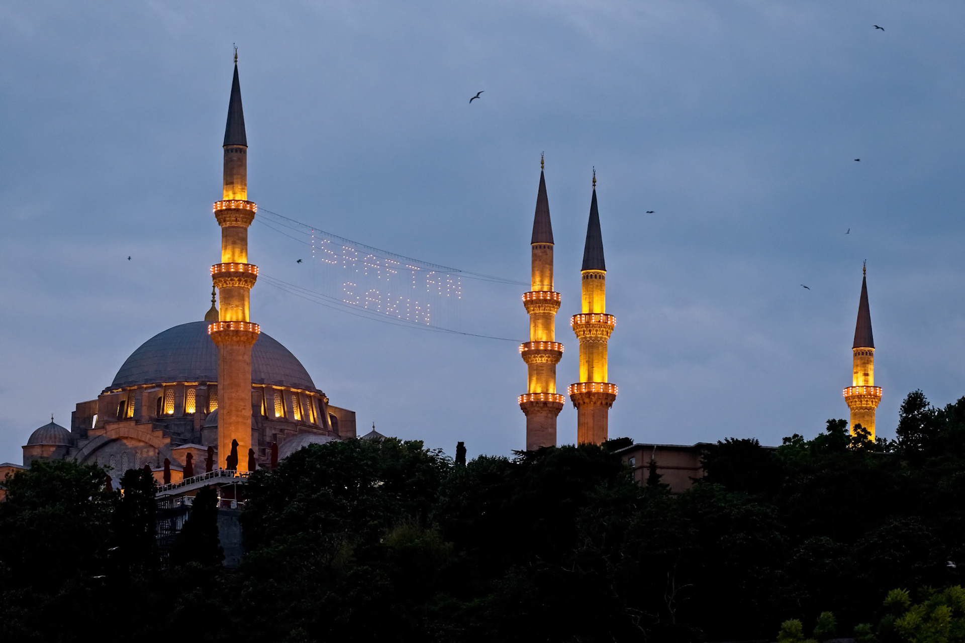 ISTANBUL, TURKEY - MAY 29 : Night-time view of the Suleymaniye Mosque in Istanbul Turkey on May 98, 2018